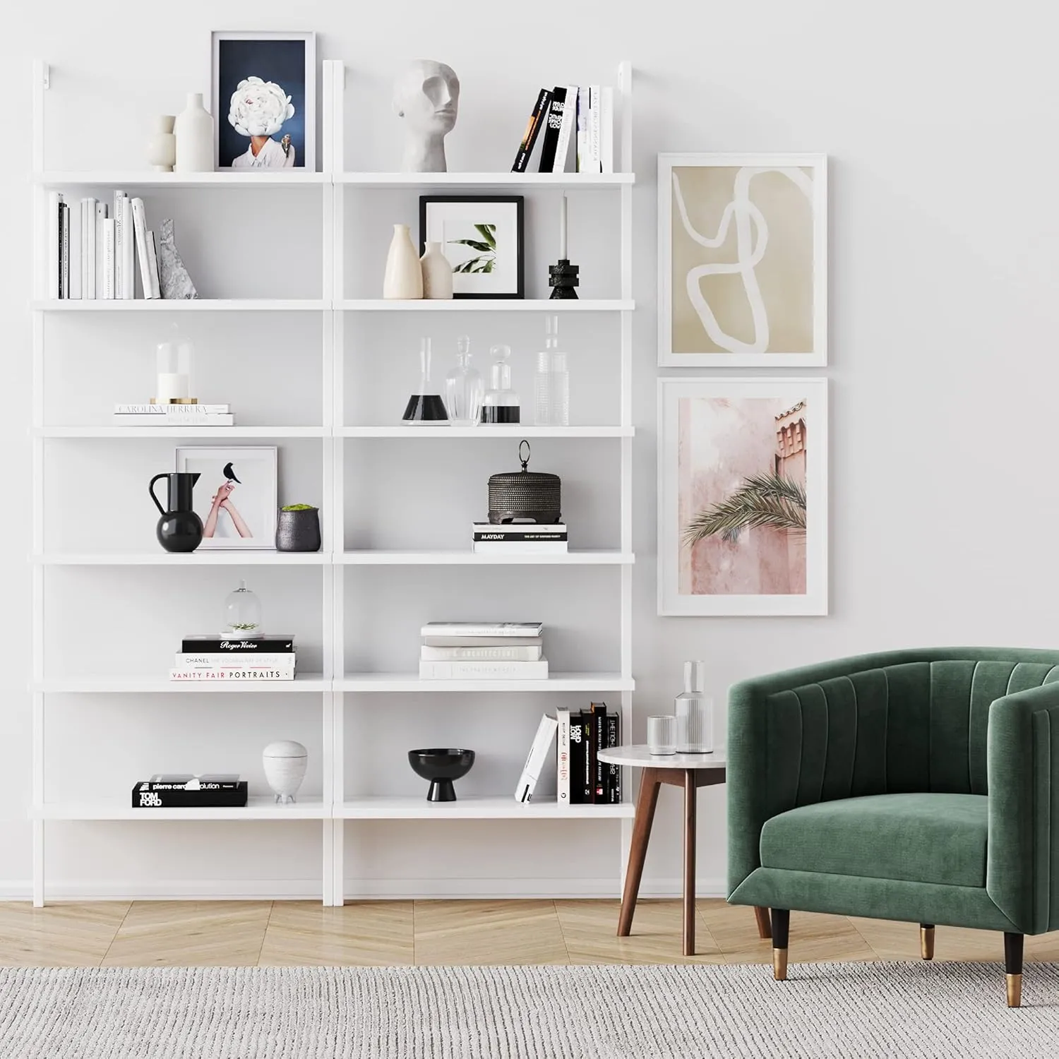 Nathan James Theo 6-Shelf Tall Modern Bookshelf, Wall Mount Ladder Shelf Bookcase with Wood and Industrial Metal Frame, Matte White