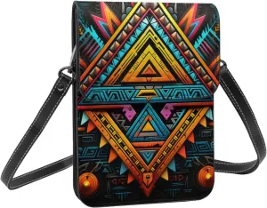 Native geometric triangle abstract art vintage crossbody cell phone purse for womens lightweight small soft leather fashion travel wallet with adjustable strap