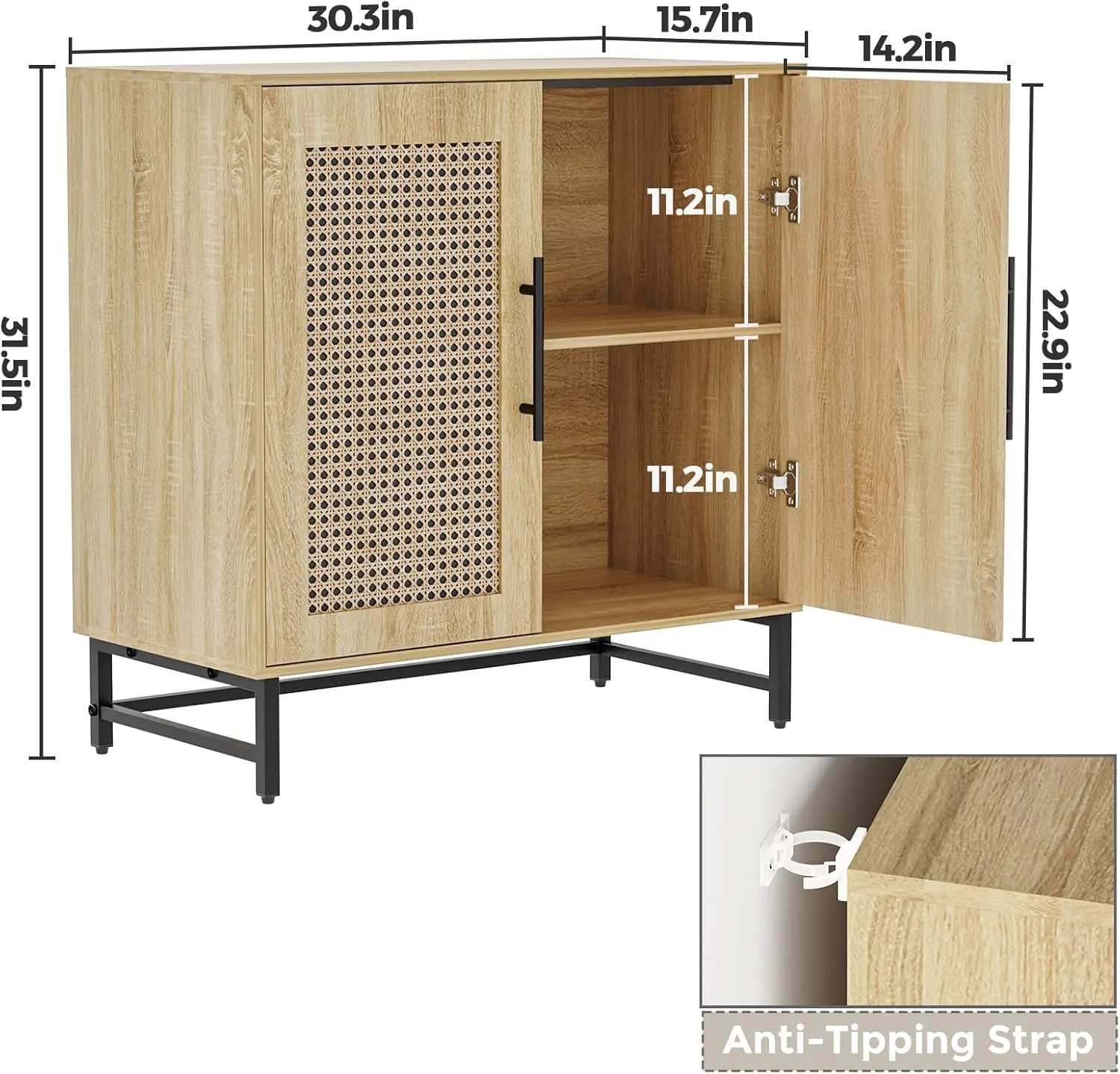 Natural Rattan Storage Cabinet, Free Standing Buffet Cabinet, Morden Sideboard and Buffet Storage, Wood Accent Cabinet for Living Room, Hallway, Entryway (1, Rattan)