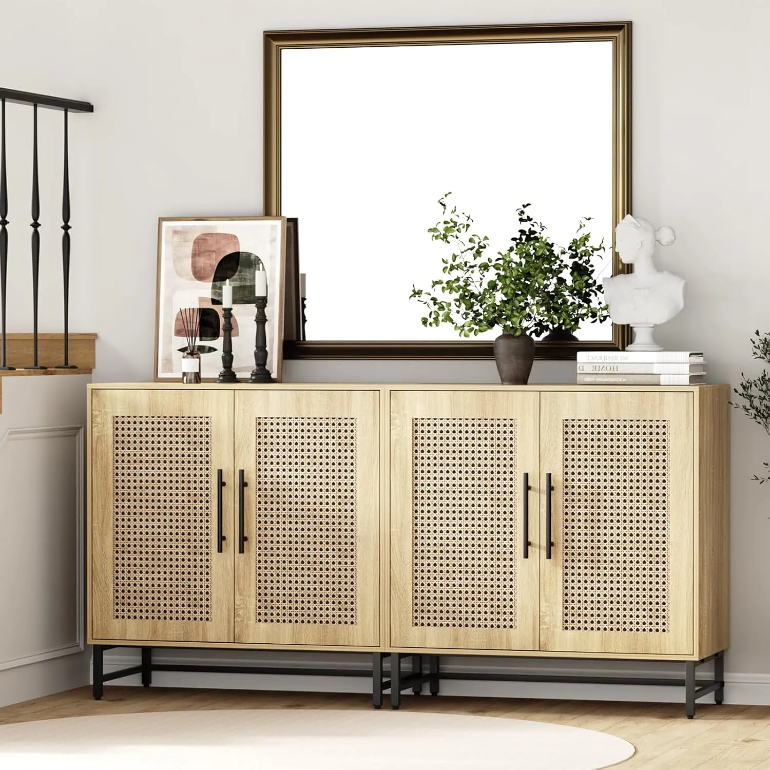 Natural Rattan Storage Cabinet, Free Standing Buffet Cabinet, Morden Sideboard and Buffet Storage, Wood Accent Cabinet for Living Room, Hallway, Entryway (1, Rattan)
