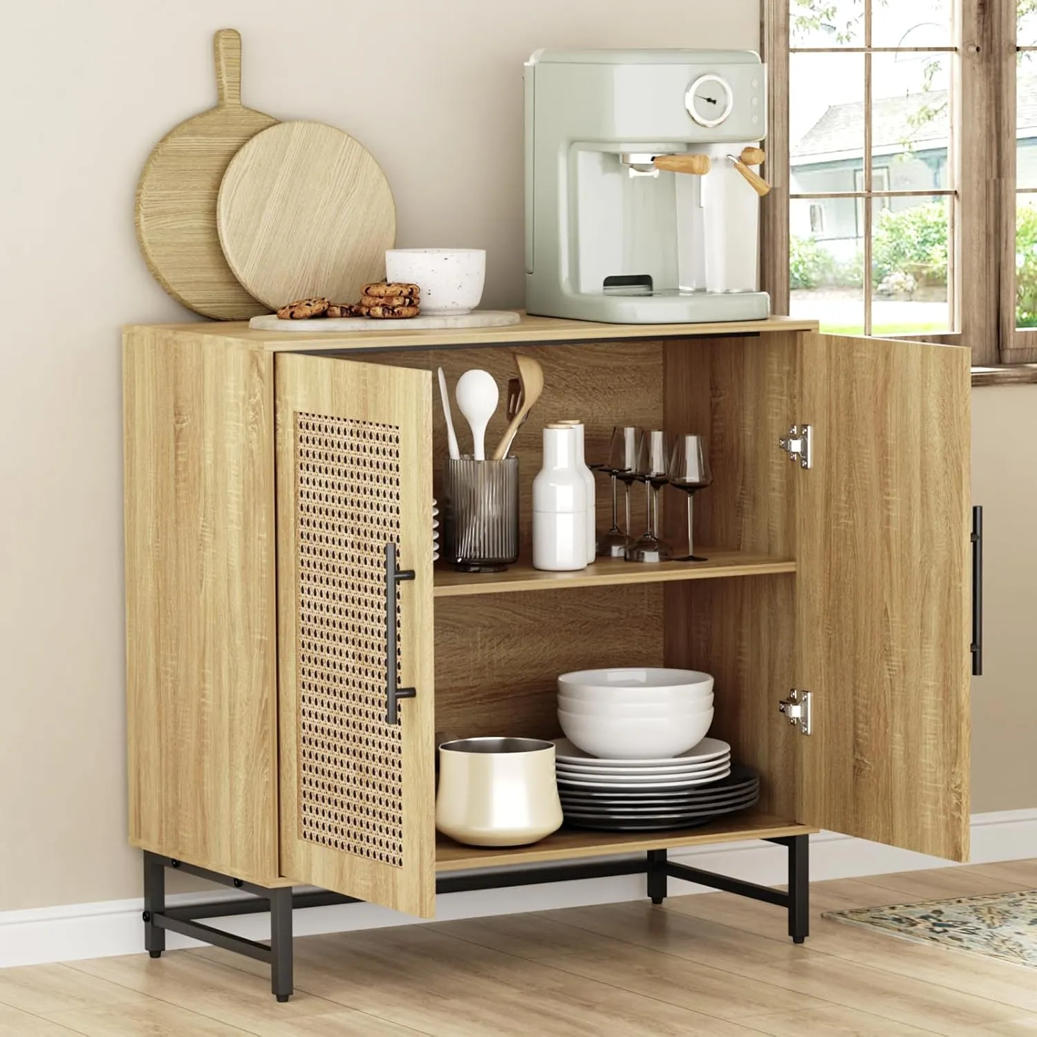 Natural Rattan Storage Cabinet, Free Standing Buffet Cabinet, Morden Sideboard and Buffet Storage, Wood Accent Cabinet for Living Room, Hallway, Entryway (1, Rattan)