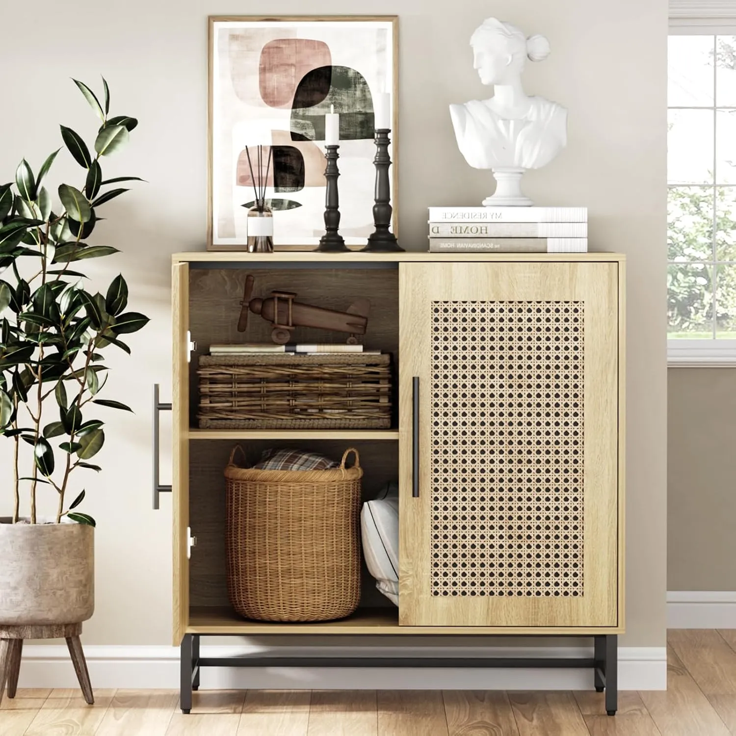 Natural Rattan Storage Cabinet, Free Standing Buffet Cabinet, Morden Sideboard and Buffet Storage, Wood Accent Cabinet for Living Room, Hallway, Entryway (1, Rattan)