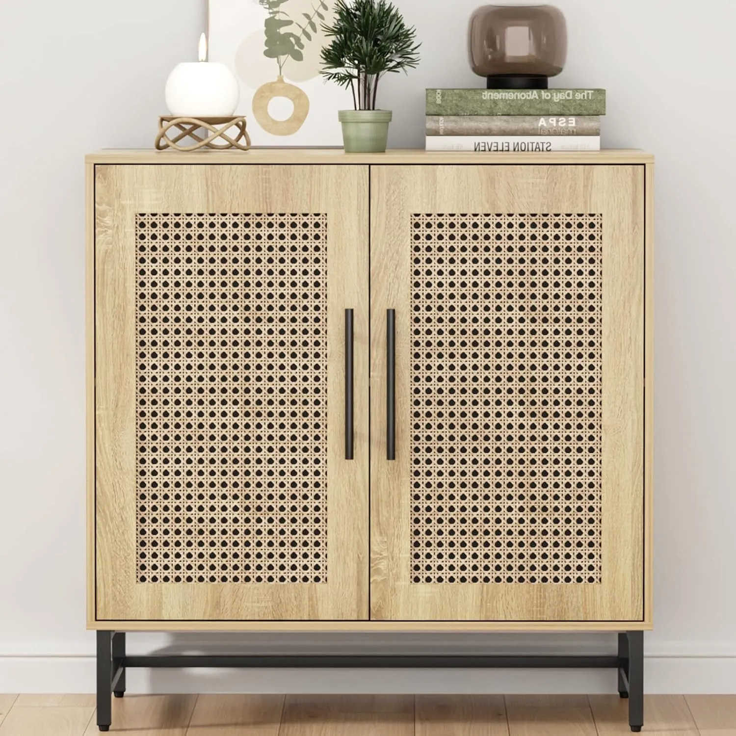 Natural Rattan Storage Cabinet, Free Standing Buffet Cabinet, Morden Sideboard and Buffet Storage, Wood Accent Cabinet for Living Room, Hallway, Entryway (1, Rattan)