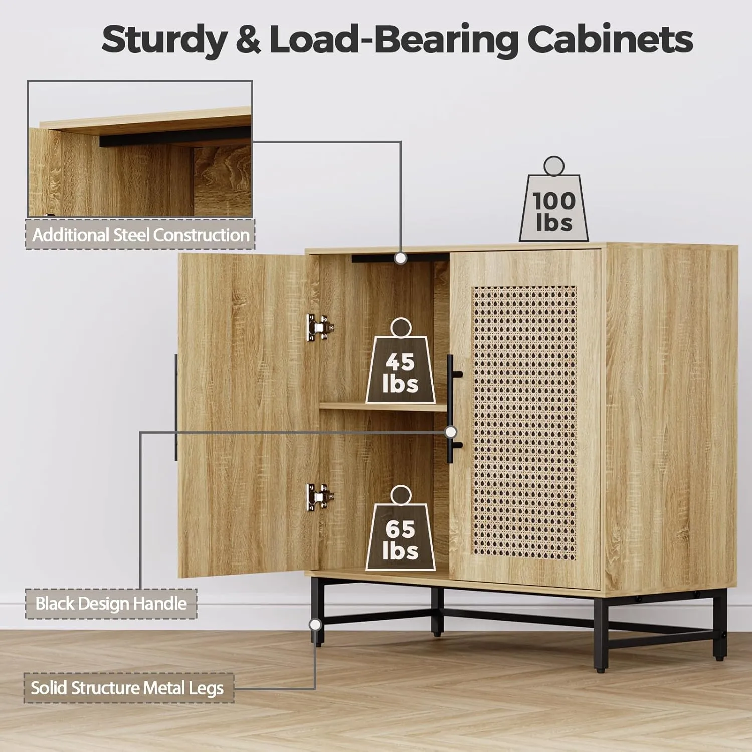 Natural Rattan Storage Cabinet, Free Standing Buffet Cabinet, Morden Sideboard and Buffet Storage, Wood Accent Cabinet for Living Room, Hallway, Entryway (1, Rattan)