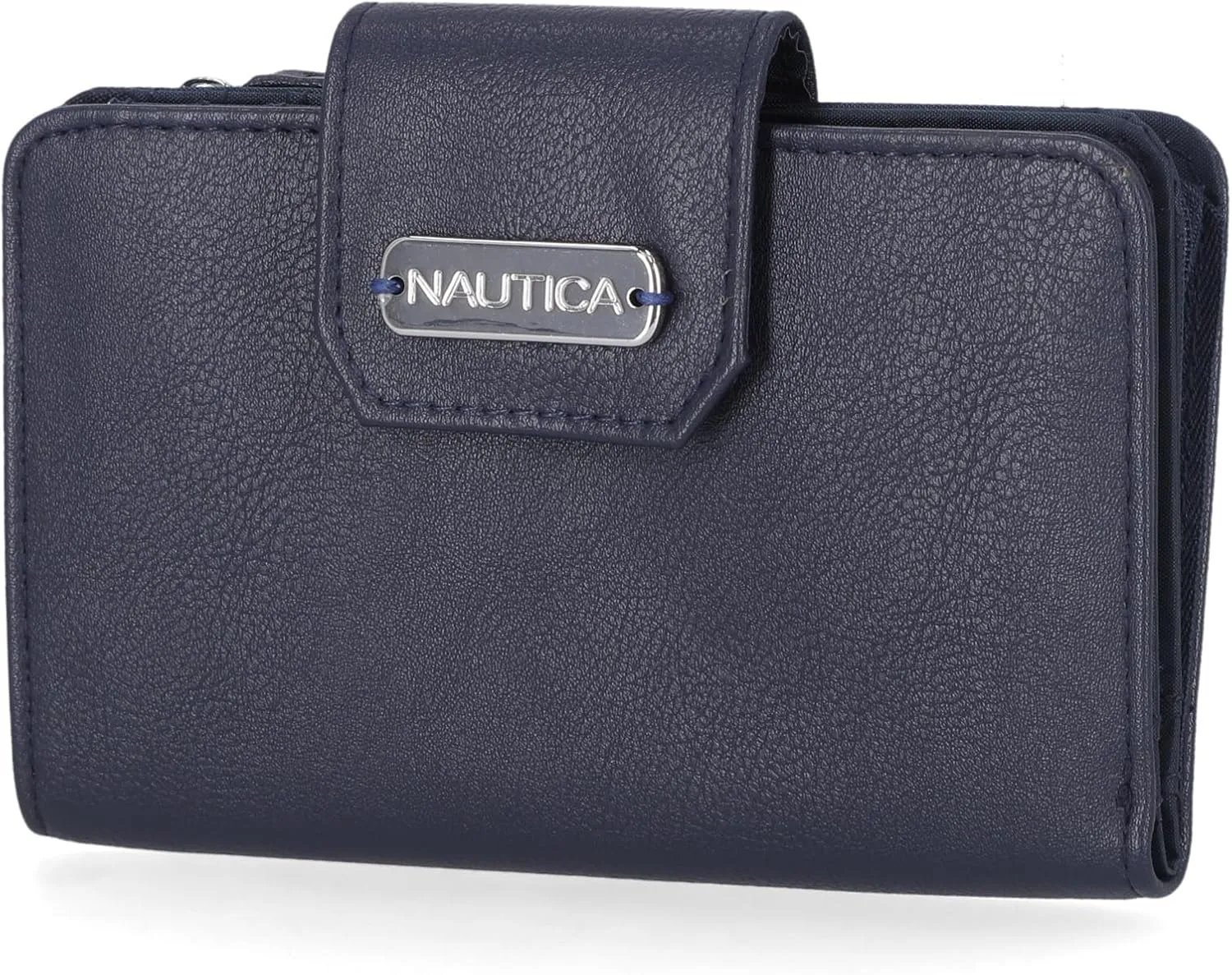 Nautica Womens, Close Reach Vegan Leather RFID Wallet, Small Credit Card Holder Purse with Zipper Coin Pocket and ID Window in Indigo
