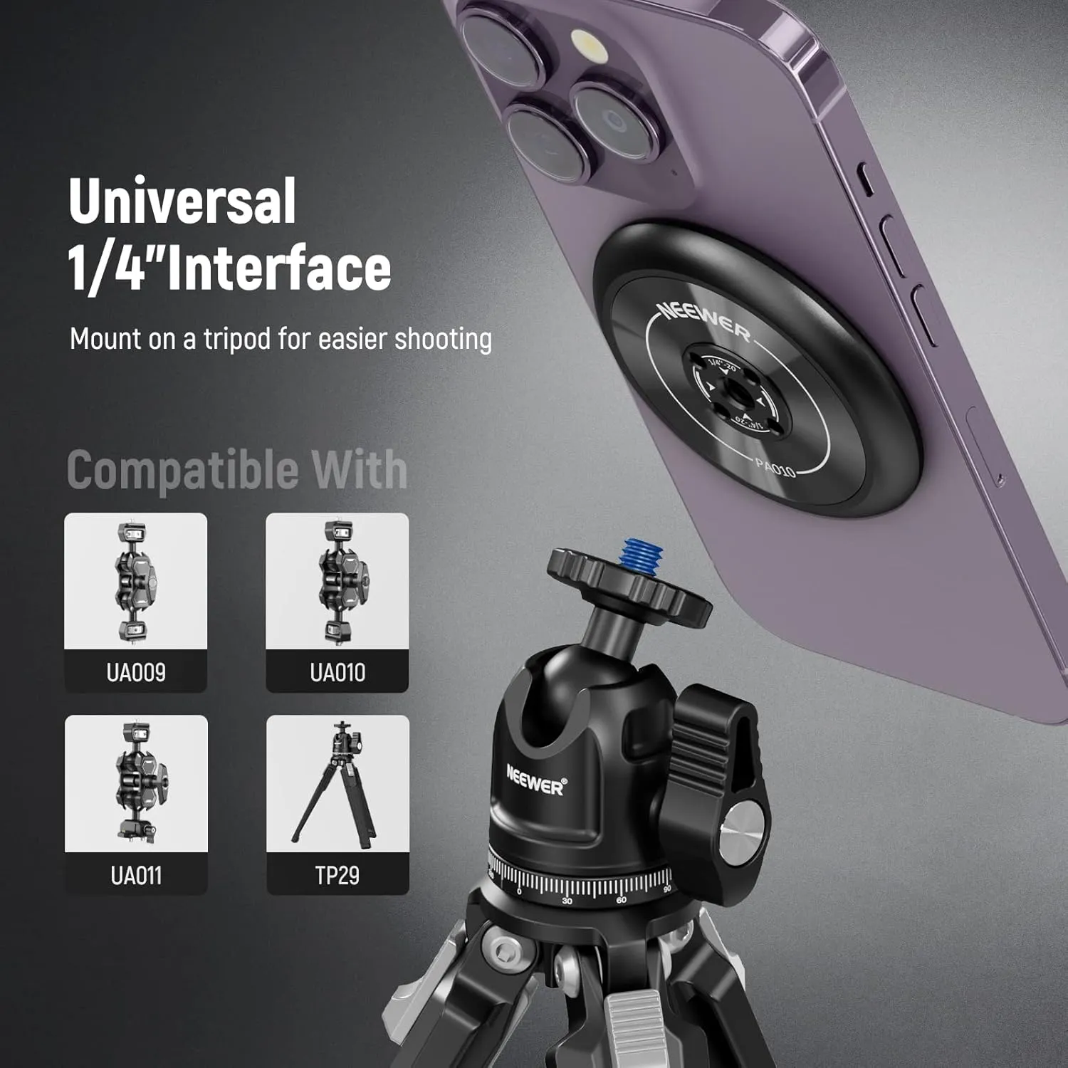 NEEWER Magnetic Phone Tripod Mount Adapter with 1/4" Holes Compatible with iPhone MagSafe Selfie Stick for 15 Pro Max 15 Plus 14 13 12 Pro Max Mini, Phone Holder for Ring Light Video Recording, PA010