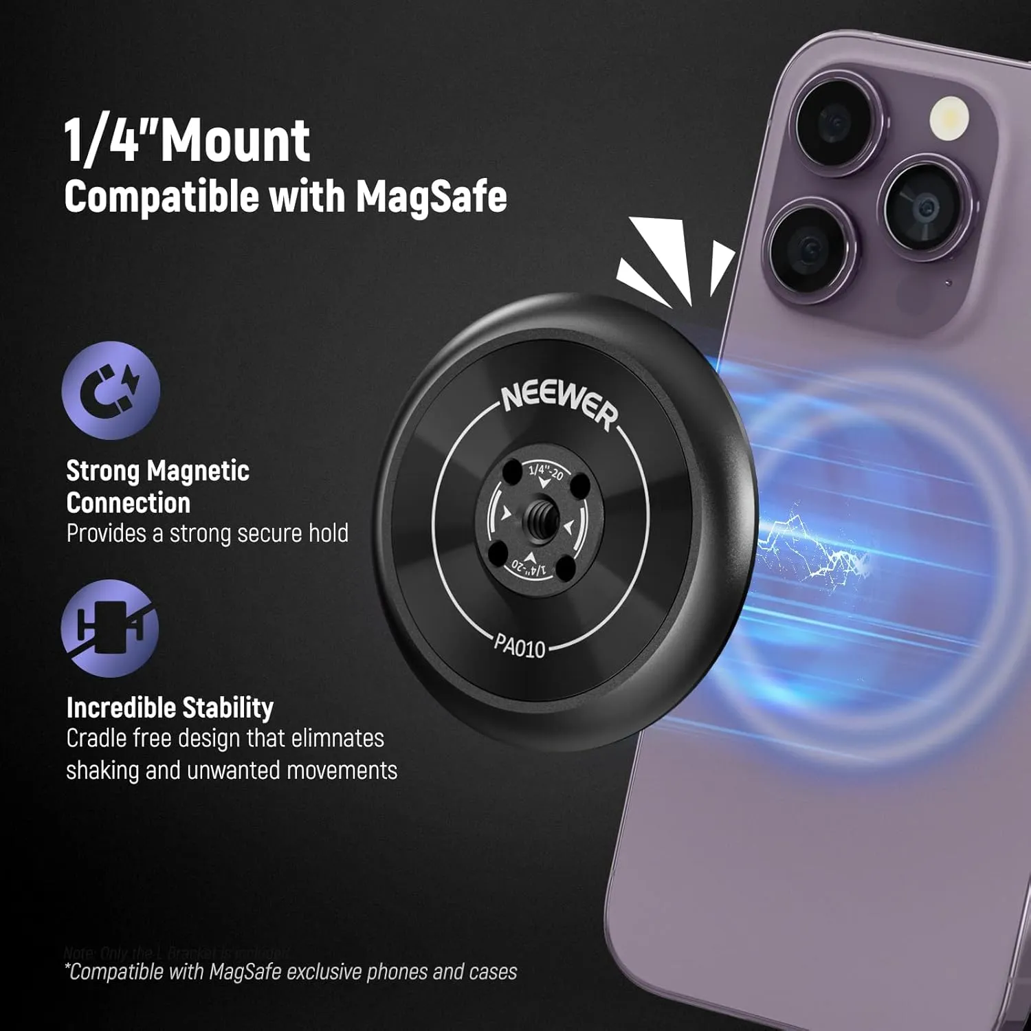 NEEWER Magnetic Phone Tripod Mount Adapter with 1/4" Holes Compatible with iPhone MagSafe Selfie Stick for 15 Pro Max 15 Plus 14 13 12 Pro Max Mini, Phone Holder for Ring Light Video Recording, PA010