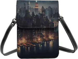 New York skyscrapers landscape Night dark Leather Small Crossbody Bags for Women Cell Phone Bag Wallet Purses with Adjustable Strap