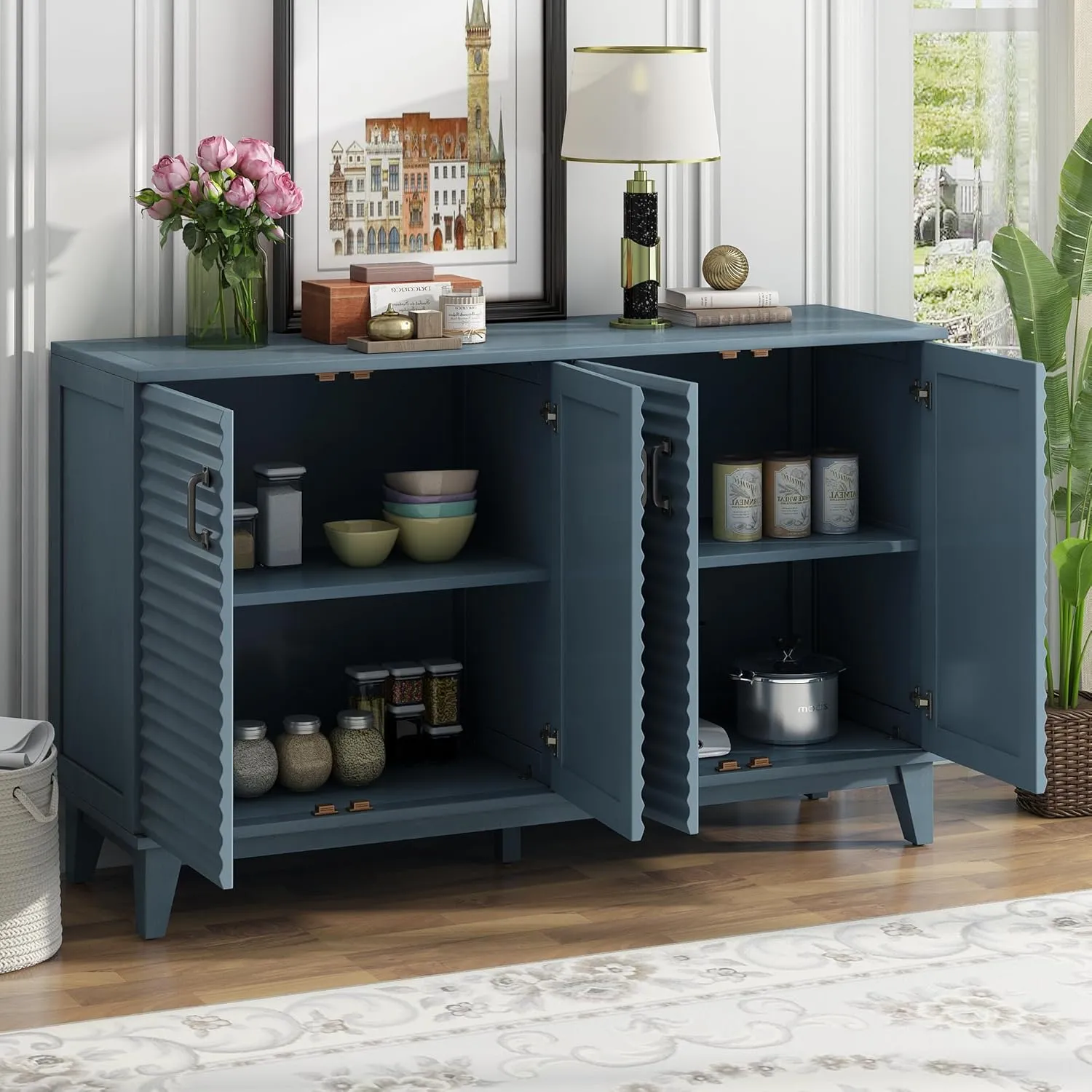NicBex 60" Accent Storage Cabinet with 4 Doors, Metal Handles & Legs and Adjustable Shelves Modern Kitchen Cabinet Buffet Cabinet for Living Room, Kitchen, Office,Hallway,Navy