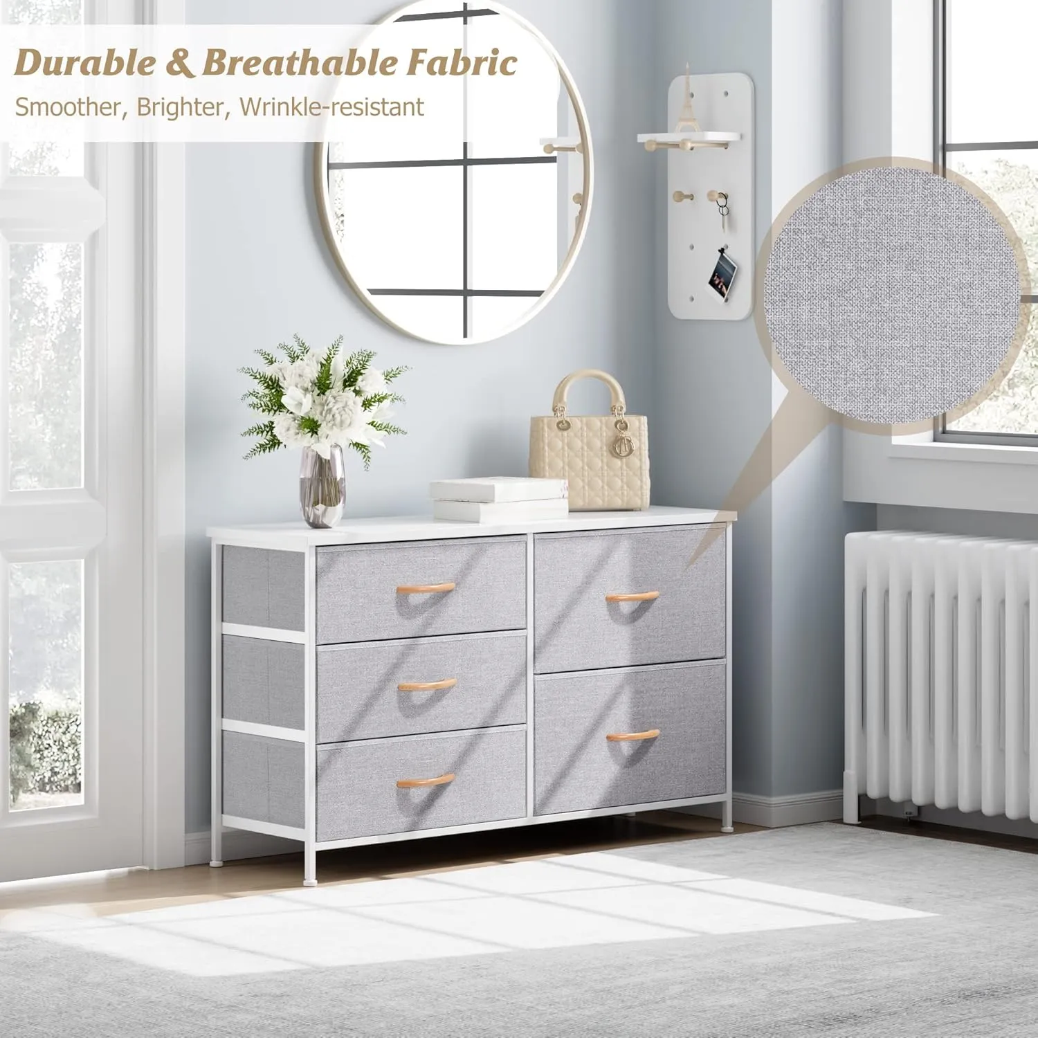 Nicehill Dresser for Bedroom with 5 Drawers, Storage Drawer Organizer, Wide Chest of Drawers for Closet, Clothes, Kids, Nursery, TV Stand with Storage Drawers, Wood Board, Fabric Drawers
