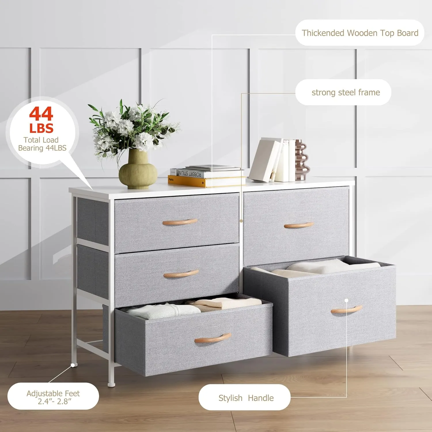 Nicehill Dresser for Bedroom with 5 Drawers, Storage Drawer Organizer, Wide Chest of Drawers for Closet, Clothes, Kids, Nursery, TV Stand with Storage Drawers, Wood Board, Fabric Drawers