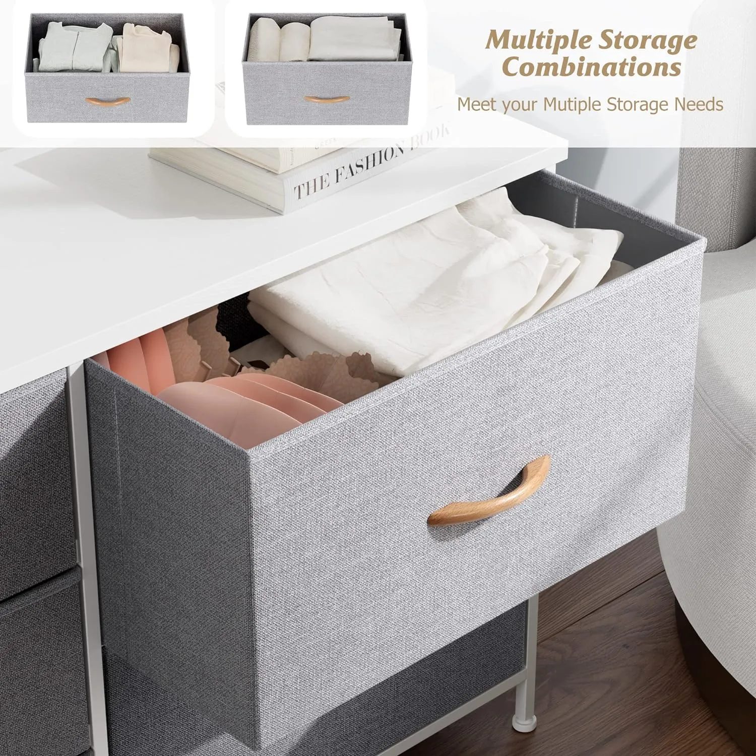 Nicehill Dresser for Bedroom with 5 Drawers, Storage Drawer Organizer, Wide Chest of Drawers for Closet, Clothes, Kids, Nursery, TV Stand with Storage Drawers, Wood Board, Fabric Drawers