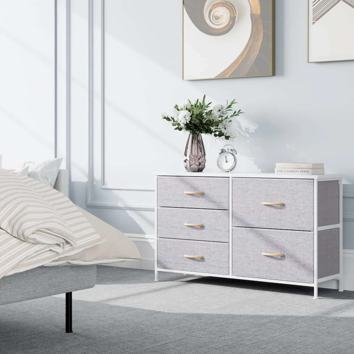 Nicehill Dresser for Bedroom with 5 Drawers, Storage Drawer Organizer, Wide Chest of Drawers for Closet, Clothes, Kids, Nursery, TV Stand with Storage Drawers, Wood Board, Fabric Drawers