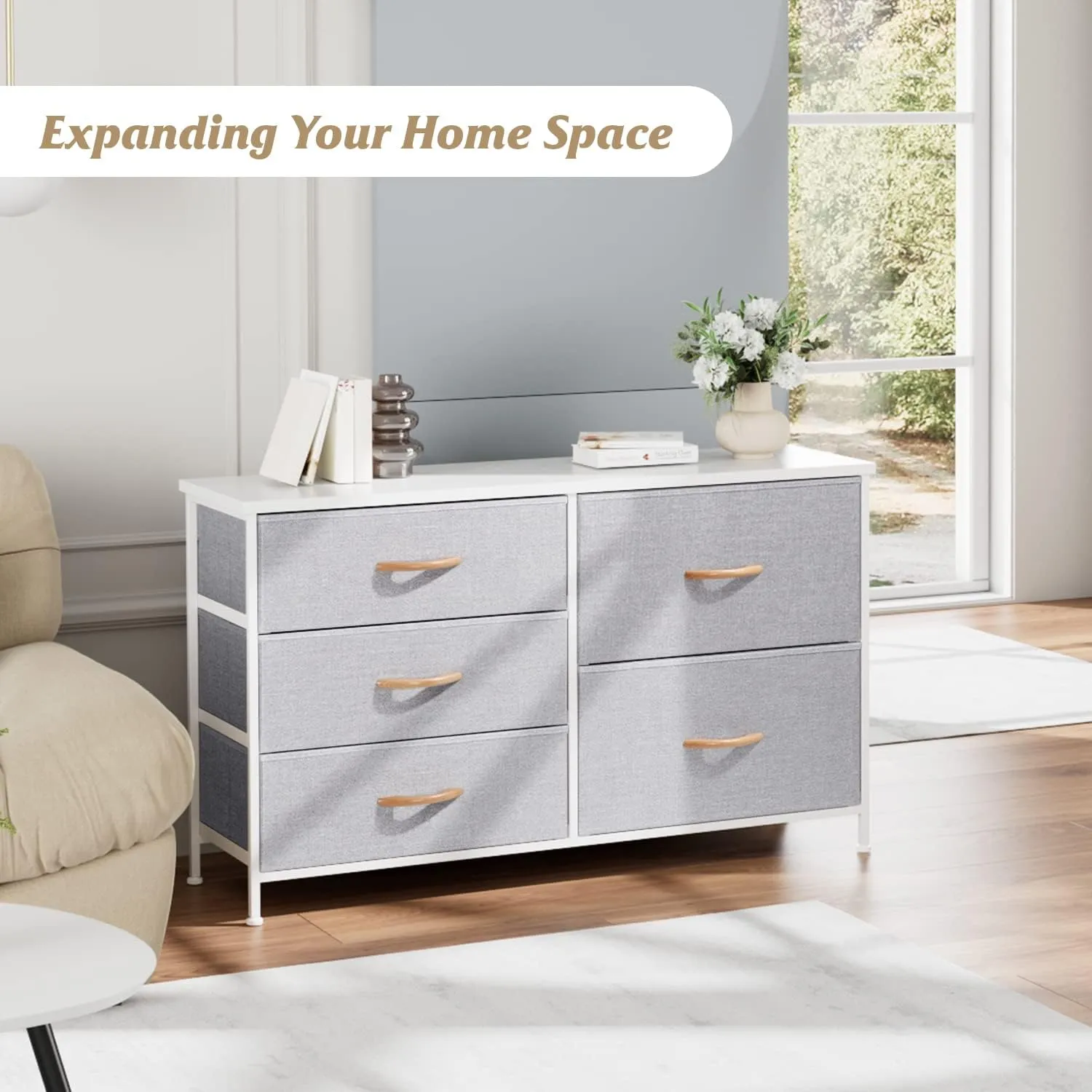 Nicehill Dresser for Bedroom with 5 Drawers, Storage Drawer Organizer, Wide Chest of Drawers for Closet, Clothes, Kids, Nursery, TV Stand with Storage Drawers, Wood Board, Fabric Drawers
