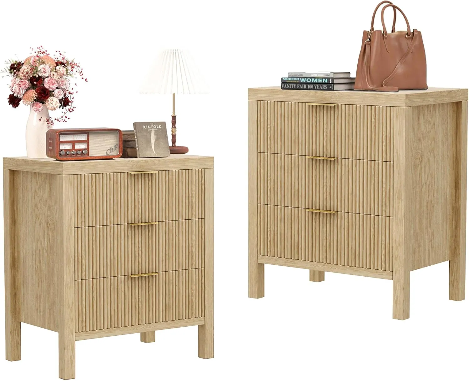 Nightstand with 6 Drawers, Dresser and Nightstand Sets, Bedside Tables, Mid Century Nightstands with 6 Wide Drawers for Bedroom, Kids’ Room, Hallway, (Natural X 2pcs)