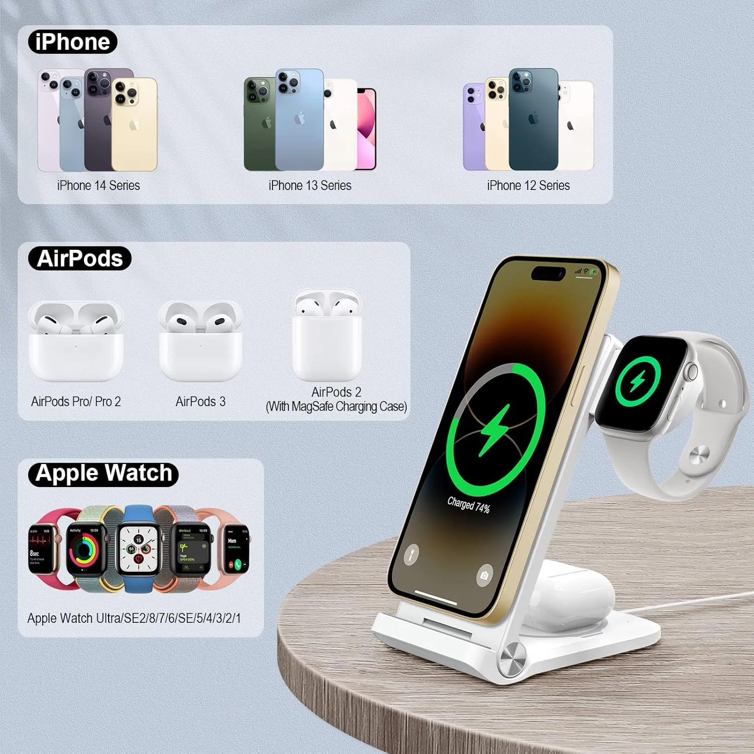 Nillkin 3 in 1 Charging Station for Apple Devices, Foldable&Portable Magsafe Charger Stand for iPhone 15/14/13/12 Pro Max/Pro, Only for Apple Watch Ultra/8/7/SE/6/5/4/3/2, for AirPods