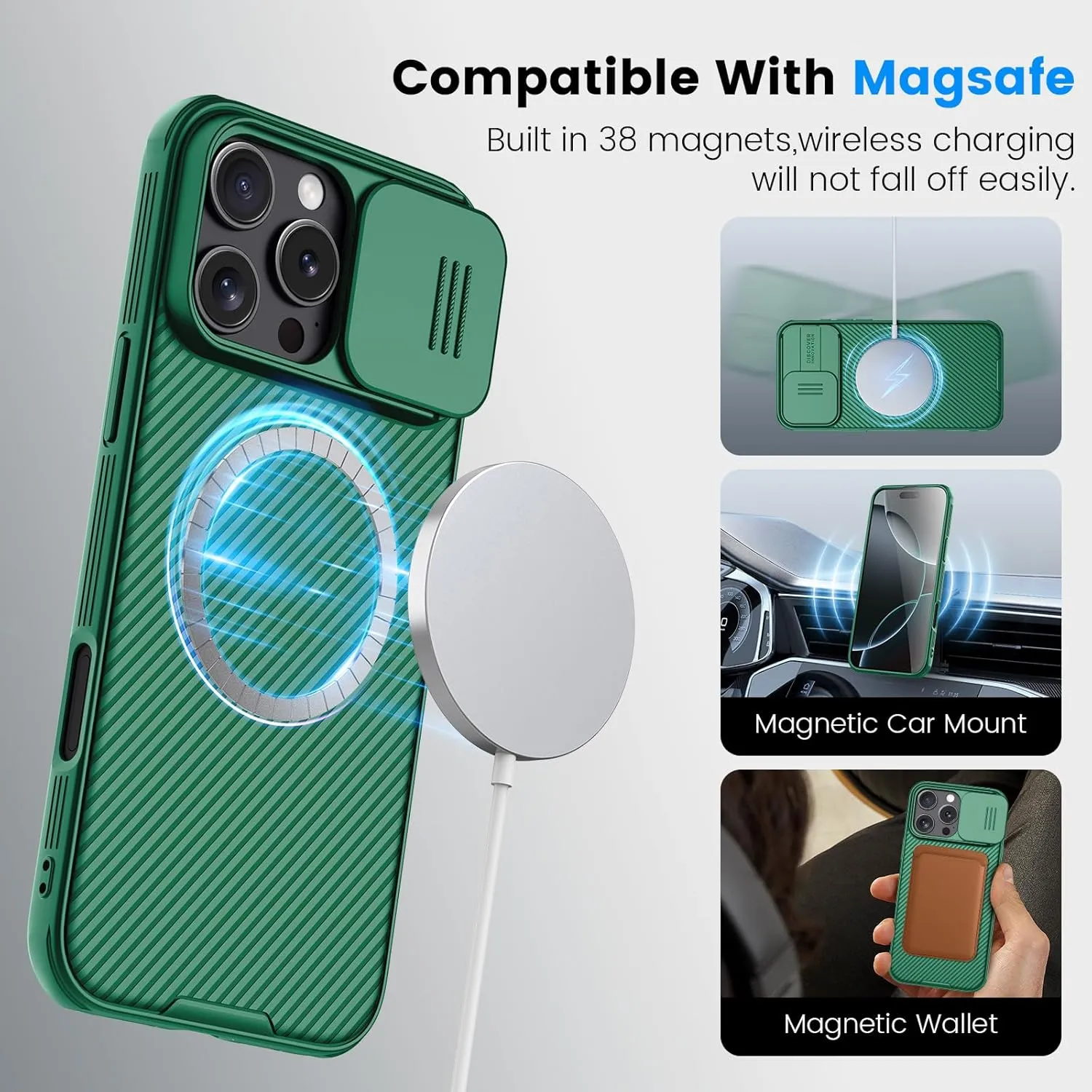 Nillkin for iPhone 16 Pro Case,Compatible with MagSafe, CamShield Pro 16 Pro 5G Phone Case with Camera Cover,Car Magnetic Mount Case 6.3’’, Built-in Magnet (Green)