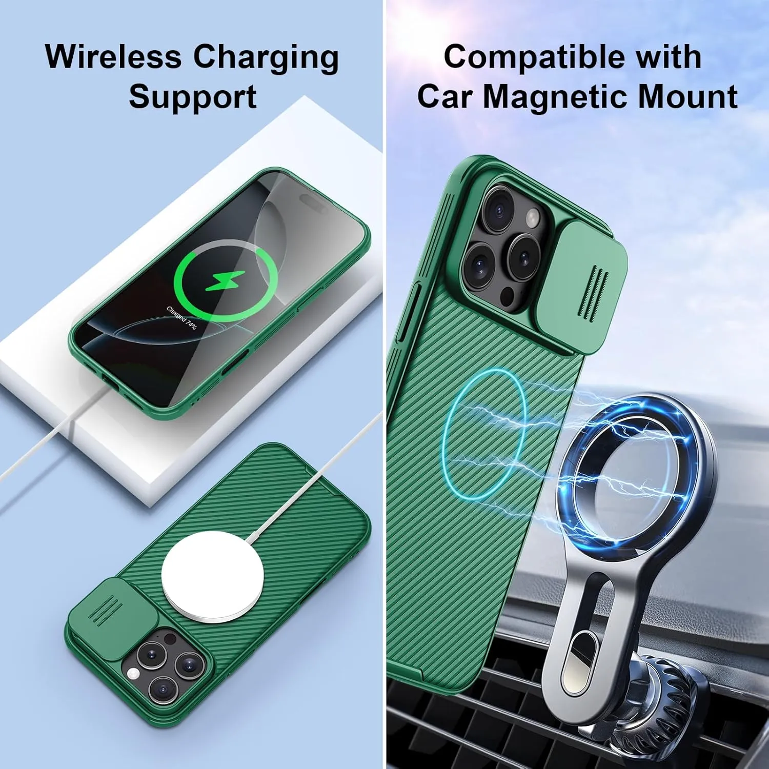 Nillkin for iPhone 16 Pro Case,Compatible with MagSafe, CamShield Pro 16 Pro 5G Phone Case with Camera Cover,Car Magnetic Mount Case 6.3’’, Built-in Magnet (Green)
