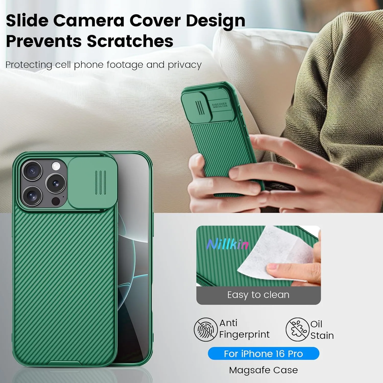 Nillkin for iPhone 16 Pro Case,Compatible with MagSafe, CamShield Pro 16 Pro 5G Phone Case with Camera Cover,Car Magnetic Mount Case 6.3’’, Built-in Magnet (Green)
