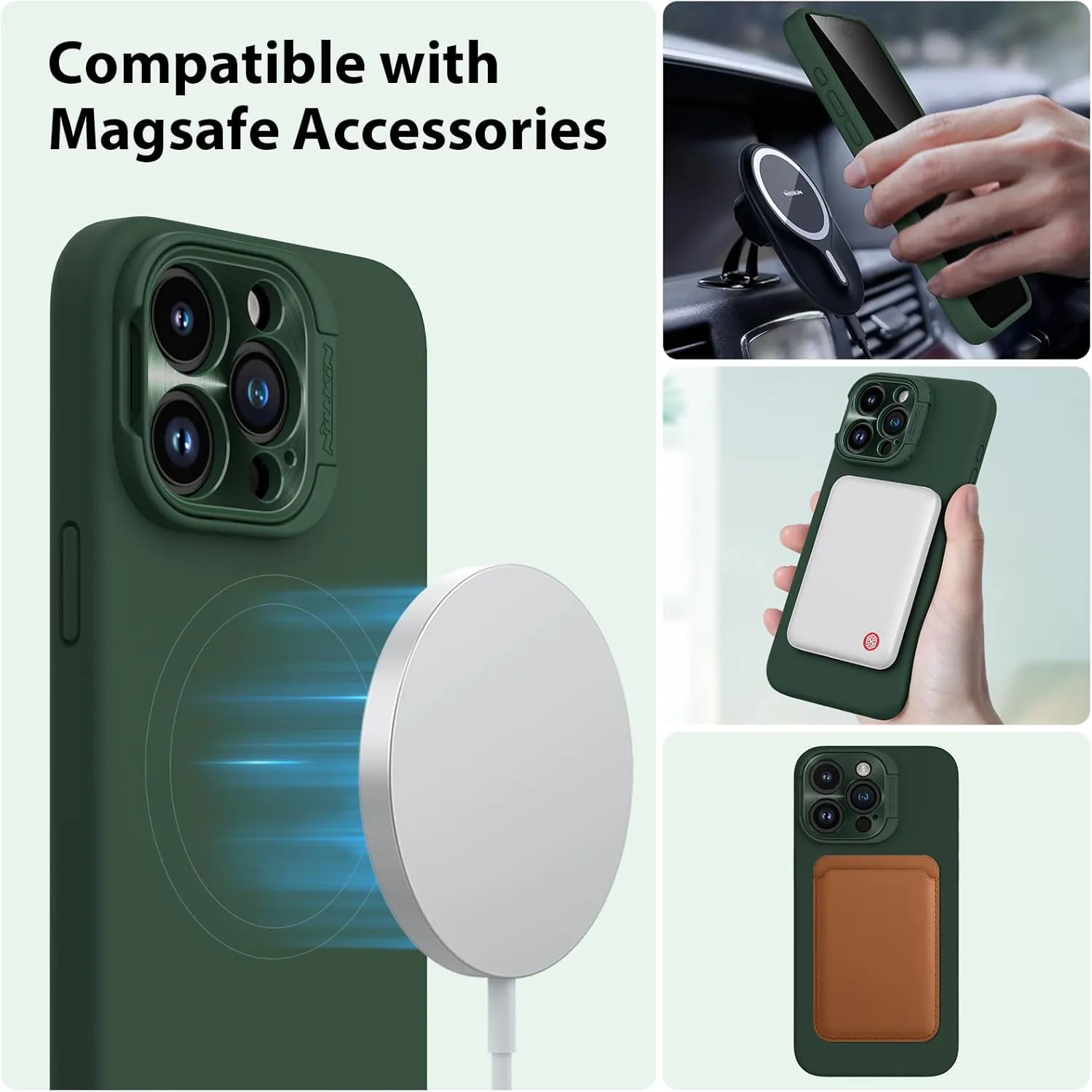 Nillkin iPhone 15 Pro Max Magnetic Case, Liquid Silicone Case Compatible with MagSafe, Built-in Camera Ring Stand, CamShield Silky Magnetic Case for iPhone 15 Pro Max, Green