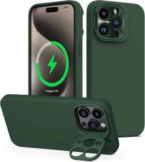 Nillkin iPhone 15 Pro Max Magnetic Case, Liquid Silicone Case Compatible with MagSafe, Built-in Camera Ring Stand, CamShield Silky Magnetic Case for iPhone 15 Pro Max, Green