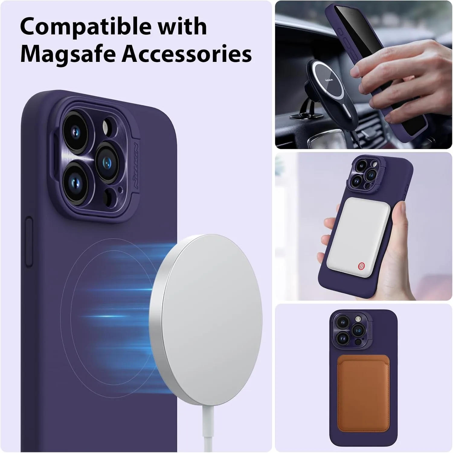Nillkin iPhone 15 Pro Max Magnetic Case, Liquid Silicone Case Compatible with MagSafe, Built-in Camera Ring Stand, CamShield Silky Magnetic Case for iPhone 15 Pro Max, Midnight Purple