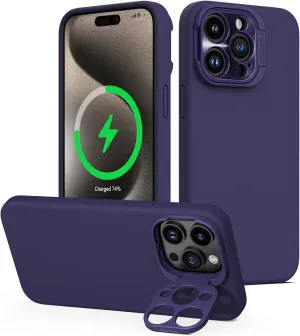Nillkin iPhone 15 Pro Max Magnetic Case, Liquid Silicone Case Compatible with MagSafe, Built-in Camera Ring Stand, CamShield Silky Magnetic Case for iPhone 15 Pro Max, Midnight Purple