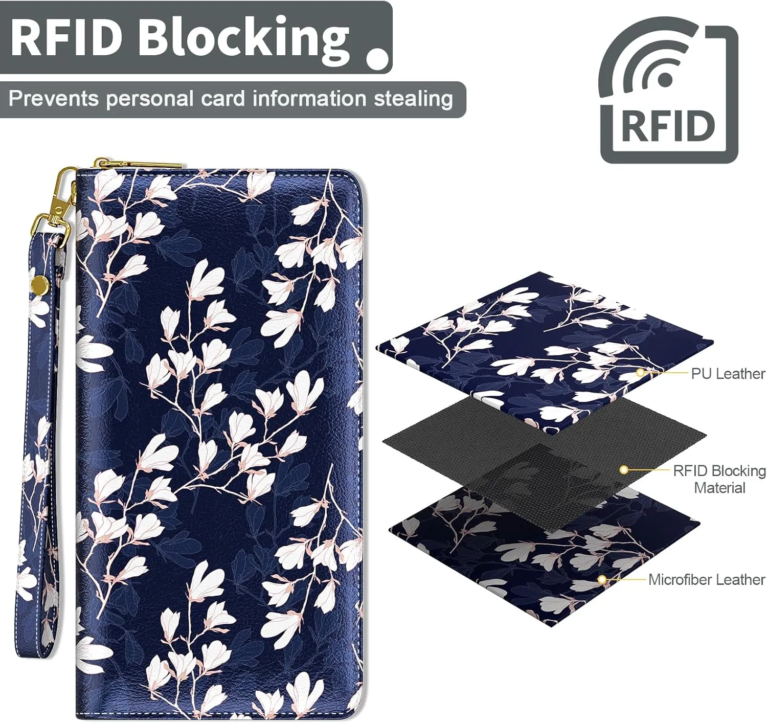 Nipichsha Womens Wallet, RFID Wristlet Wallet for Women, Cute Ladies Purse, Large Credit Card Clutch Purse, Leather Card Holder Wallets with Zipper & Phone Holder, Abstract Flowers