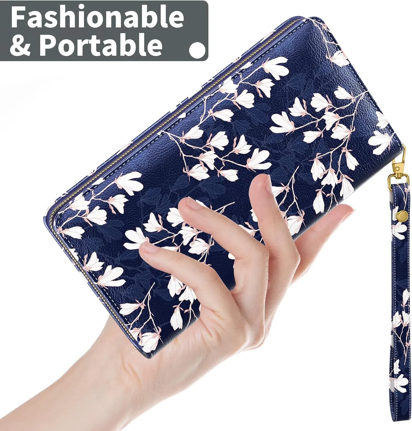 Nipichsha Womens Wallet, RFID Wristlet Wallet for Women, Cute Ladies Purse, Large Credit Card Clutch Purse, Leather Card Holder Wallets with Zipper & Phone Holder, Abstract Flowers