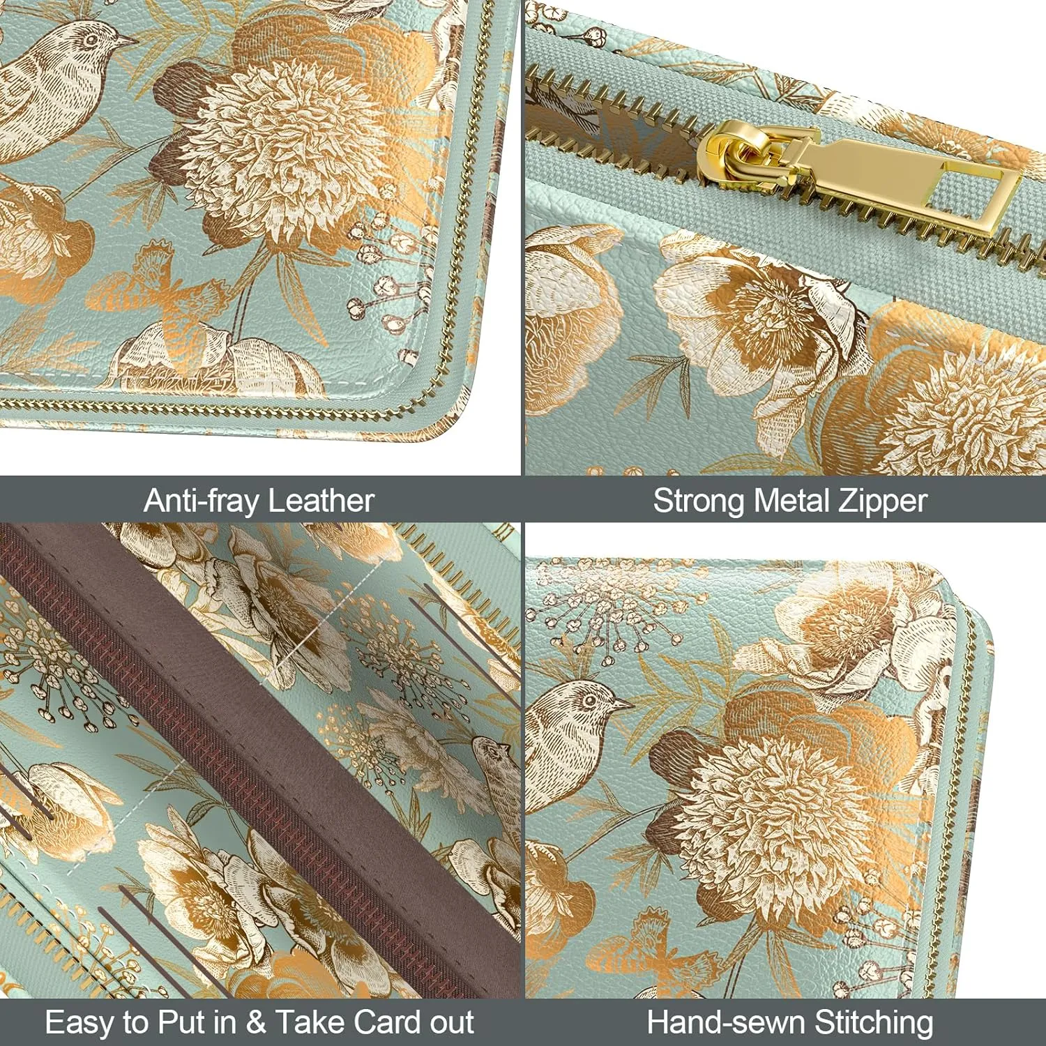 Nipichsha Womens Wallet, RFID Wristlet Wallet for Women, Cute Ladies Purse, Large Credit Card Clutch Purse, Leather Card Holder Wallets with Zipper & Phone Holder, Blooming Flowers