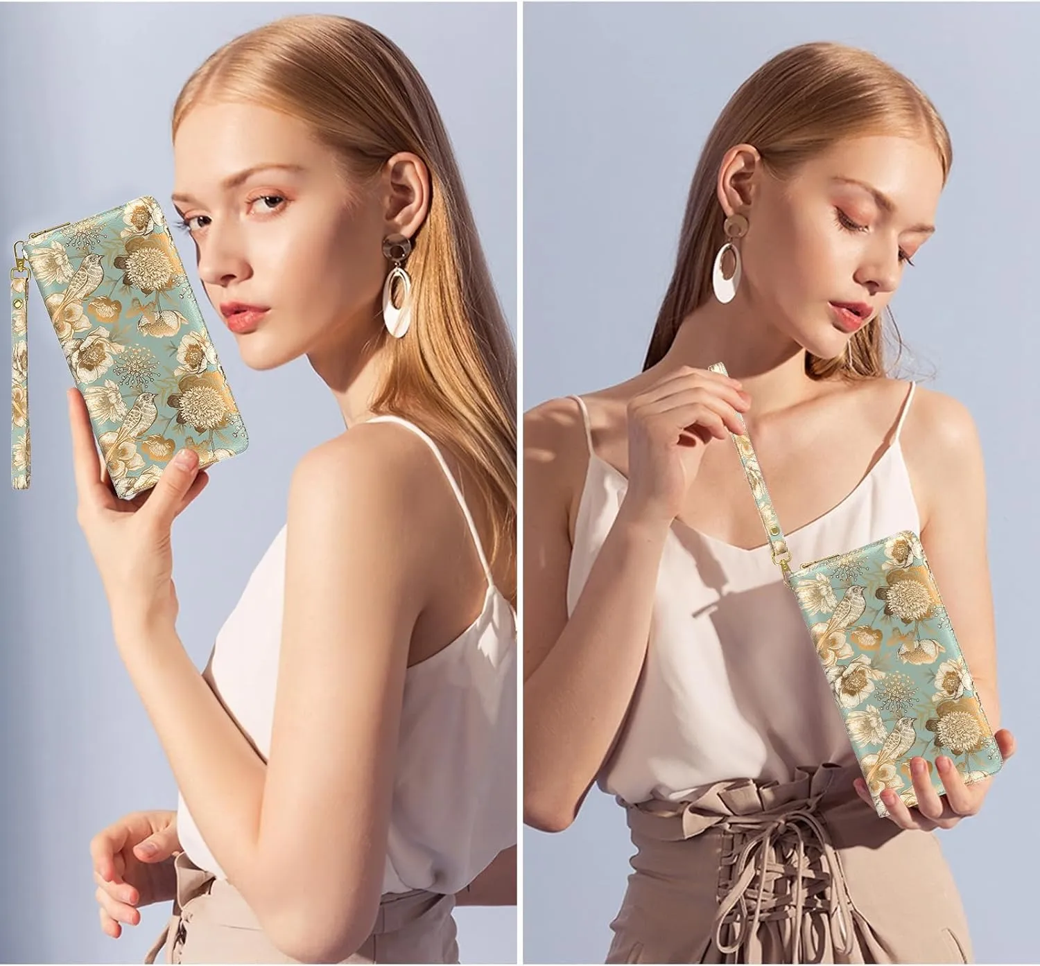 Nipichsha Womens Wallet, RFID Wristlet Wallet for Women, Cute Ladies Purse, Large Credit Card Clutch Purse, Leather Card Holder Wallets with Zipper & Phone Holder, Blooming Flowers