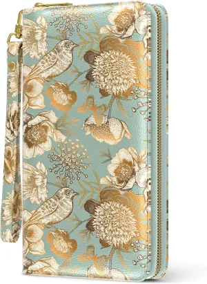 Nipichsha Womens Wallet, RFID Wristlet Wallet for Women, Cute Ladies Purse, Large Credit Card Clutch Purse, Leather Card Holder Wallets with Zipper & Phone Holder, Blooming Flowers