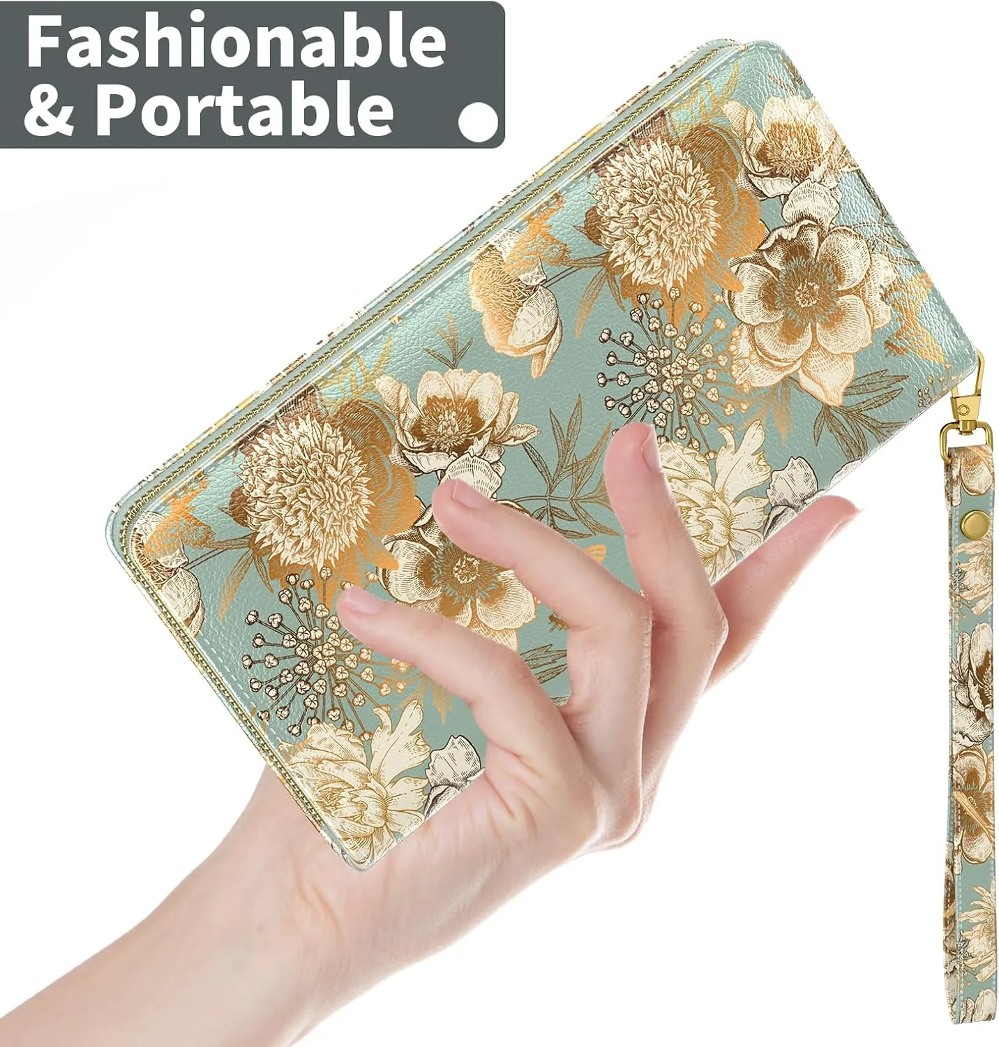 Nipichsha Womens Wallet, RFID Wristlet Wallet for Women, Cute Ladies Purse, Large Credit Card Clutch Purse, Leather Card Holder Wallets with Zipper & Phone Holder, Blooming Flowers