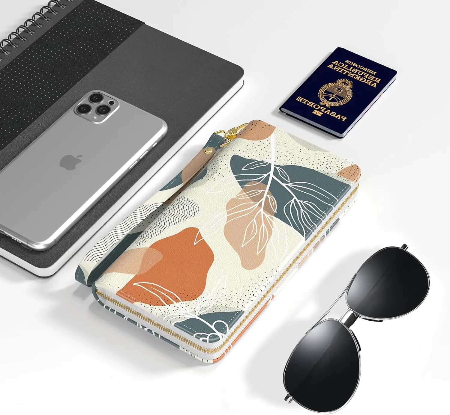 Nipichsha Womens Wallet, RFID Wristlet Wallet for Women, Cute Ladies Purse, Large Credit Card Clutch Wallets, Leather Card Holder Wallets with Zipper & Phone Holder, Abstract Boho Leaf