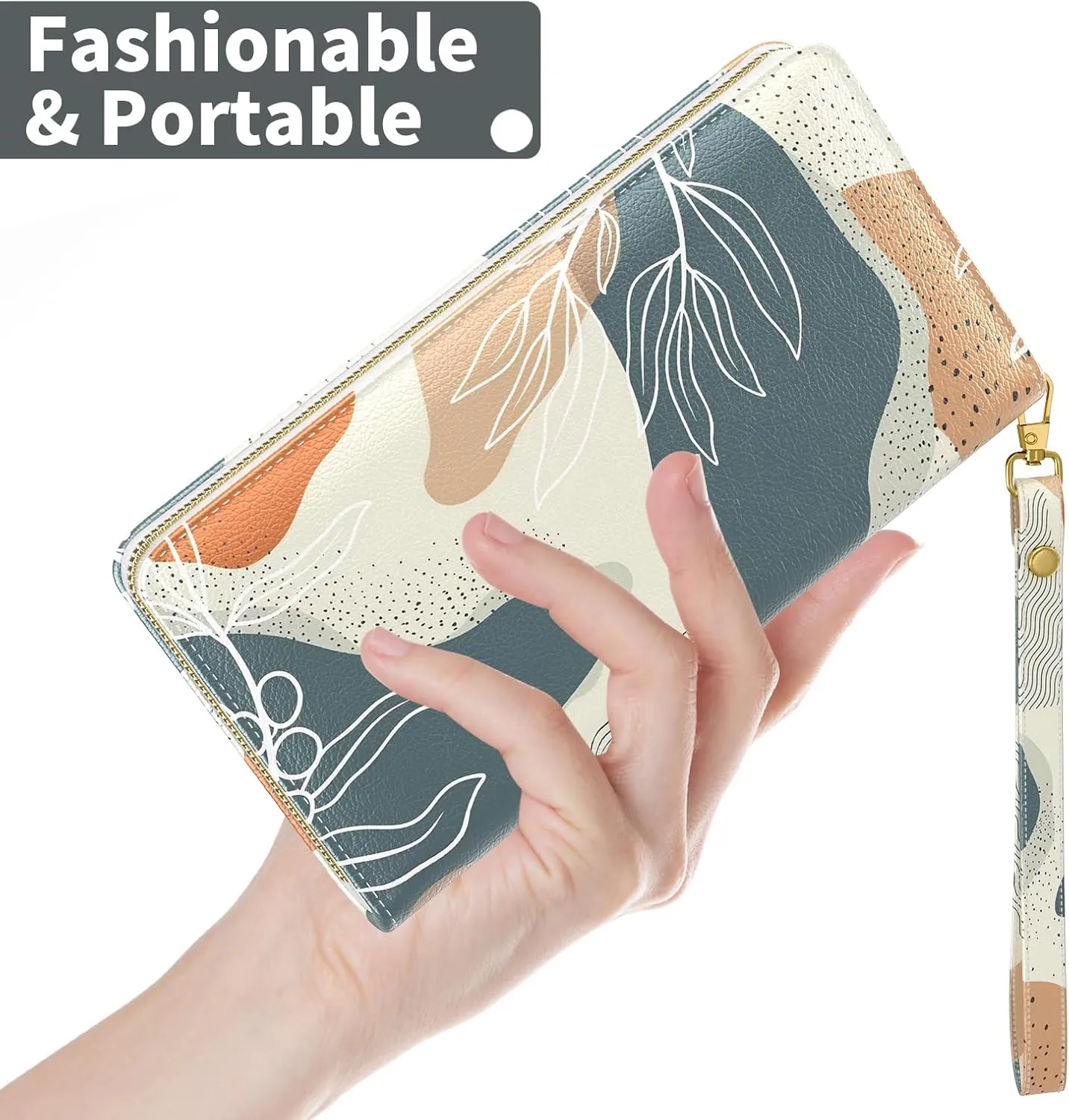 Nipichsha Womens Wallet, RFID Wristlet Wallet for Women, Cute Ladies Purse, Large Credit Card Clutch Wallets, Leather Card Holder Wallets with Zipper & Phone Holder, Abstract Boho Leaf