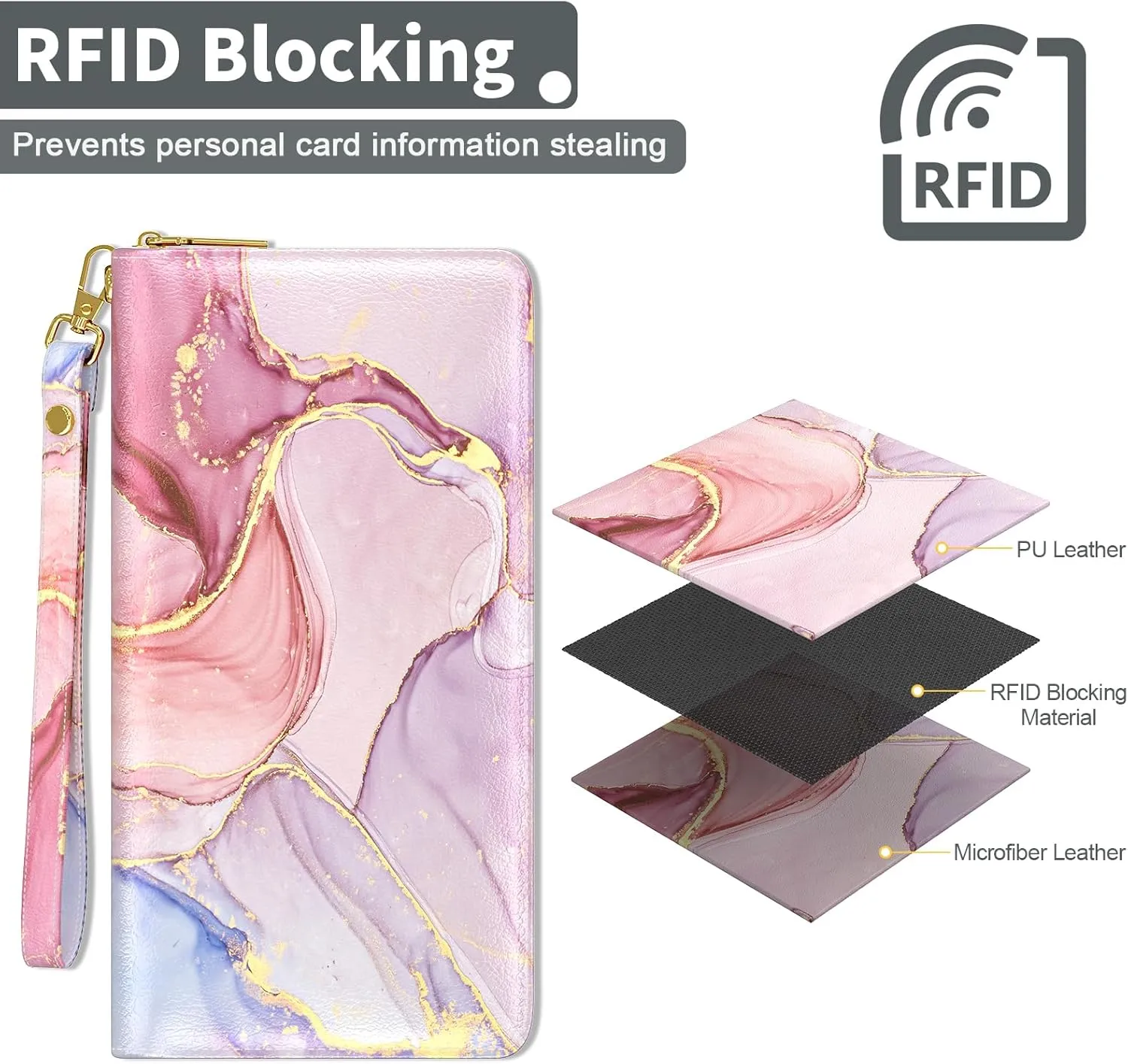 Nipichsha Womens Wallet, RFID Wristlet Wallet for Women, Cute Ladies Purse, Large Credit Card Clutch Wallets, Leather Card Holder Wallets with Zipper & Phone Holder, Pink Marble