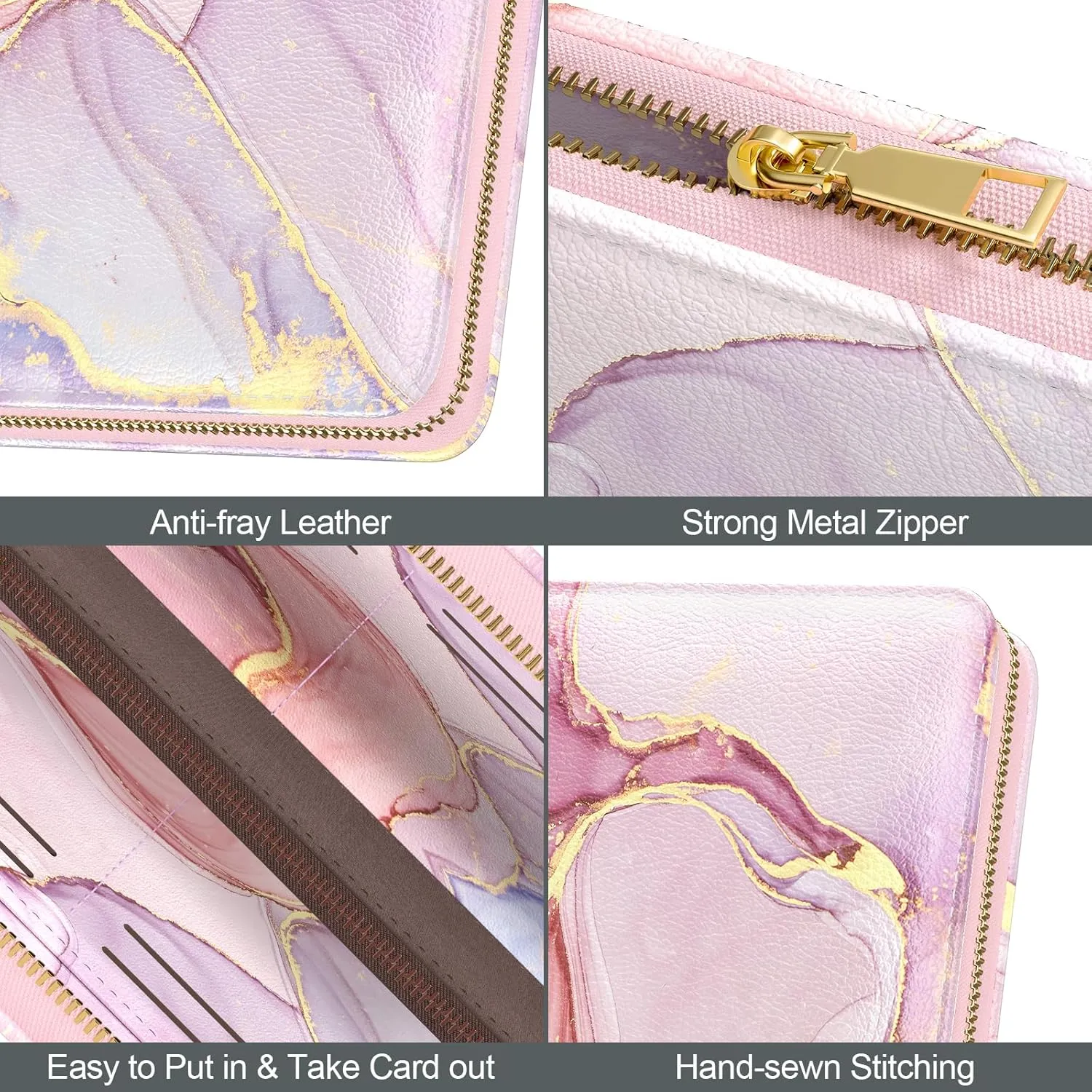 Nipichsha Womens Wallet, RFID Wristlet Wallet for Women, Cute Ladies Purse, Large Credit Card Clutch Wallets, Leather Card Holder Wallets with Zipper & Phone Holder, Pink Marble