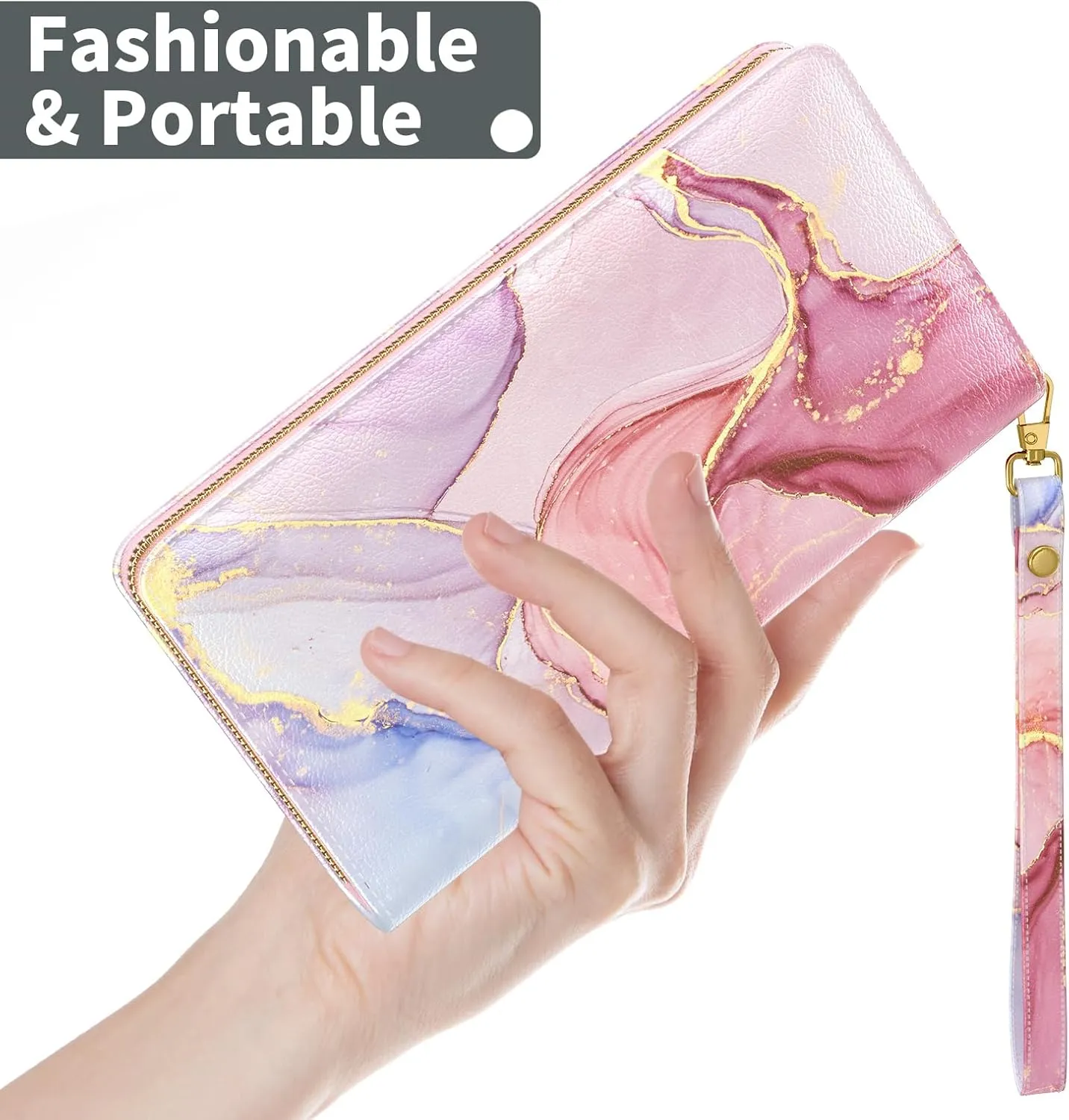 Nipichsha Womens Wallet, RFID Wristlet Wallet for Women, Cute Ladies Purse, Large Credit Card Clutch Wallets, Leather Card Holder Wallets with Zipper & Phone Holder, Pink Marble