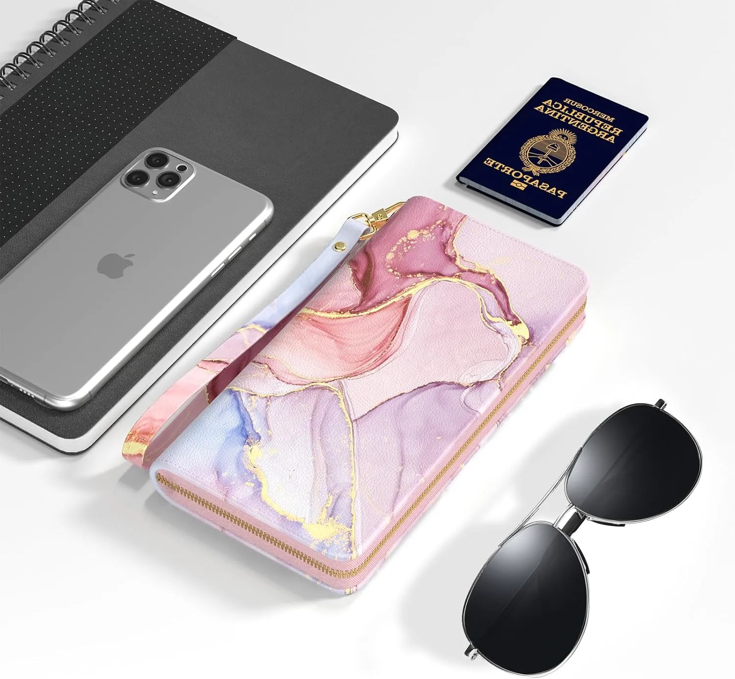 Nipichsha Womens Wallet, RFID Wristlet Wallet for Women, Cute Ladies Purse, Large Credit Card Clutch Wallets, Leather Card Holder Wallets with Zipper & Phone Holder, Pink Marble
