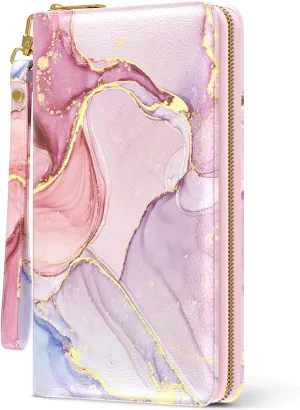 Nipichsha Womens Wallet, RFID Wristlet Wallet for Women, Cute Ladies Purse, Large Credit Card Clutch Wallets, Leather Card Holder Wallets with Zipper & Phone Holder, Pink Marble