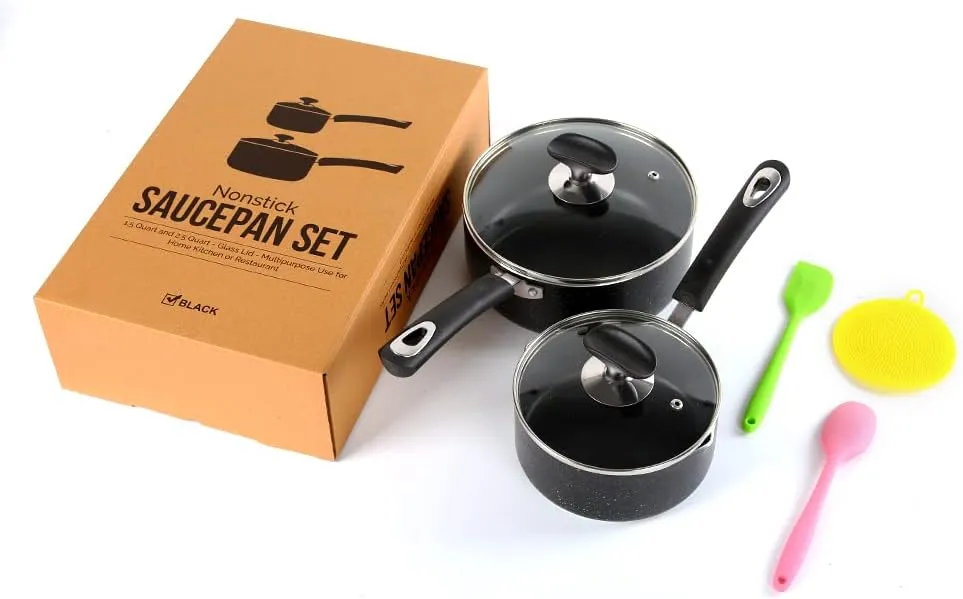Nonstick Saucepan Set - 1.5 Quart and 2.5Quart,Ultra Non Stick Sauce Pan Small Pot with Glass Lid,Great for Home Kitchen Restaurant,Black