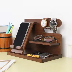 NOZEM Wood Phone Docking Station Ash Key Holder Wallet Stand Watch Organizer Men Husband Wife Anniversary Dad Birthday Nightstand Purse Father Graduation Male Idea Gadgets (WALNUT)