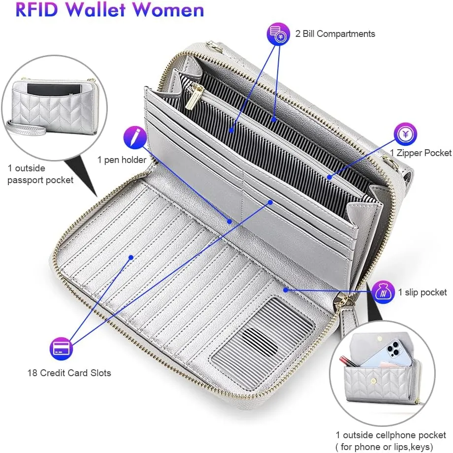 nuoku Womens RFID Wallet Purse Wristlet Crossbody Clutch with Zip Around 2 Strap