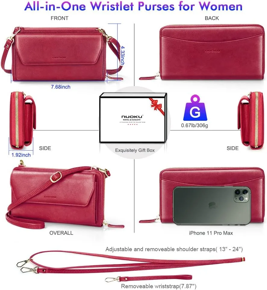 nuoku Womens RFID Wallet Purse Wristlet Crossbody Clutch with Zip Around 2 Strap
