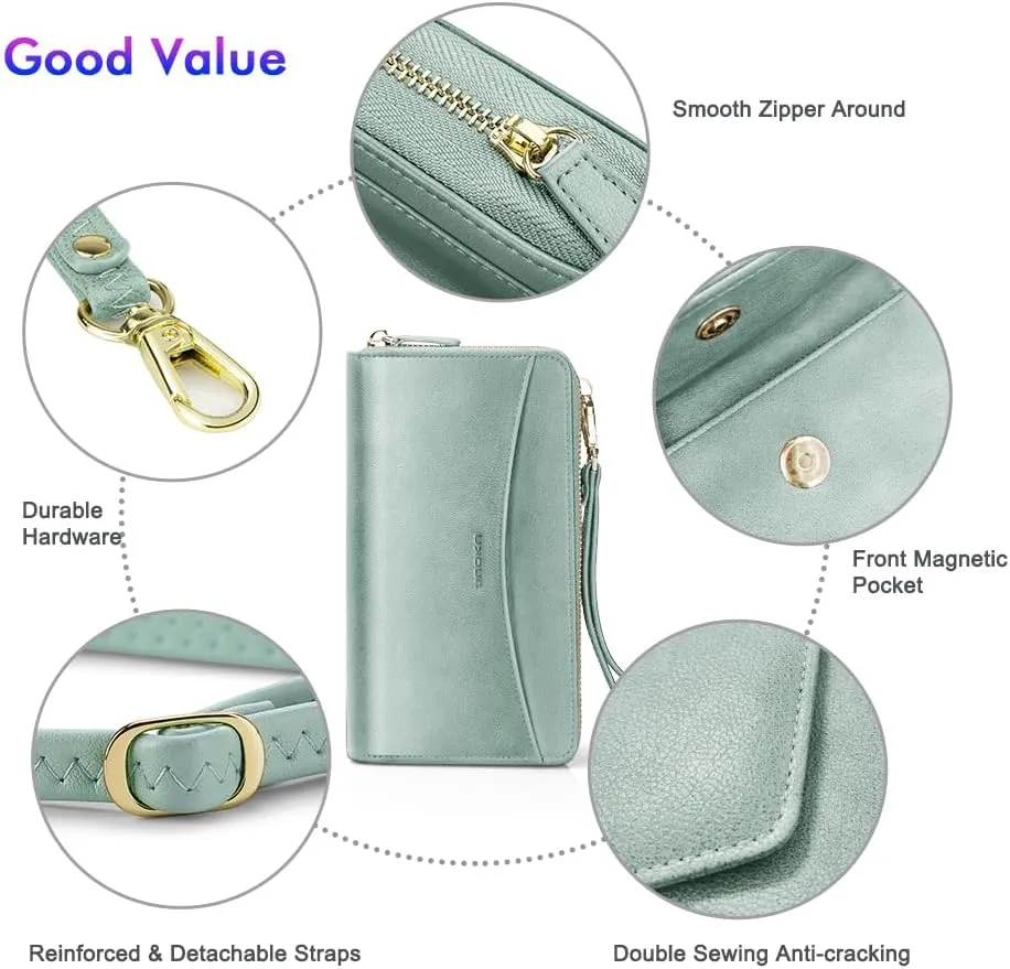 nuoku Womens RFID Wallet Purse Wristlet Crossbody Clutch with Zip Around 2 Strap