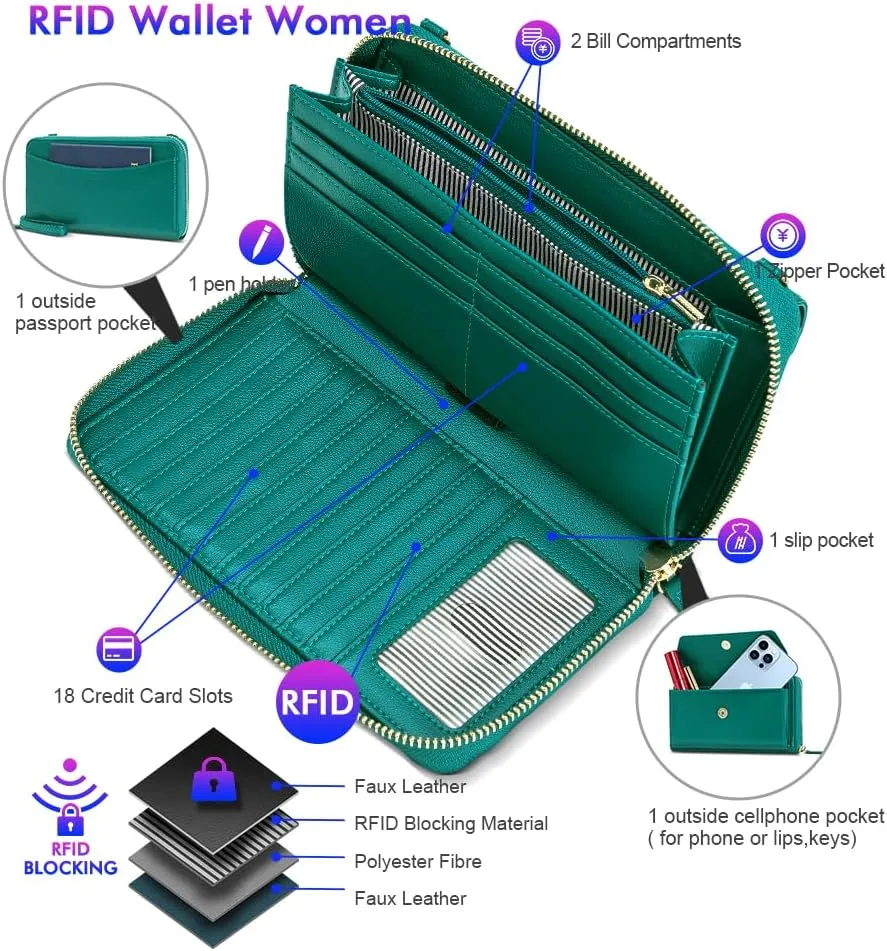 nuoku Womens RFID Wallet Purse Wristlet Crossbody Clutch with Zip Around 2 Strap