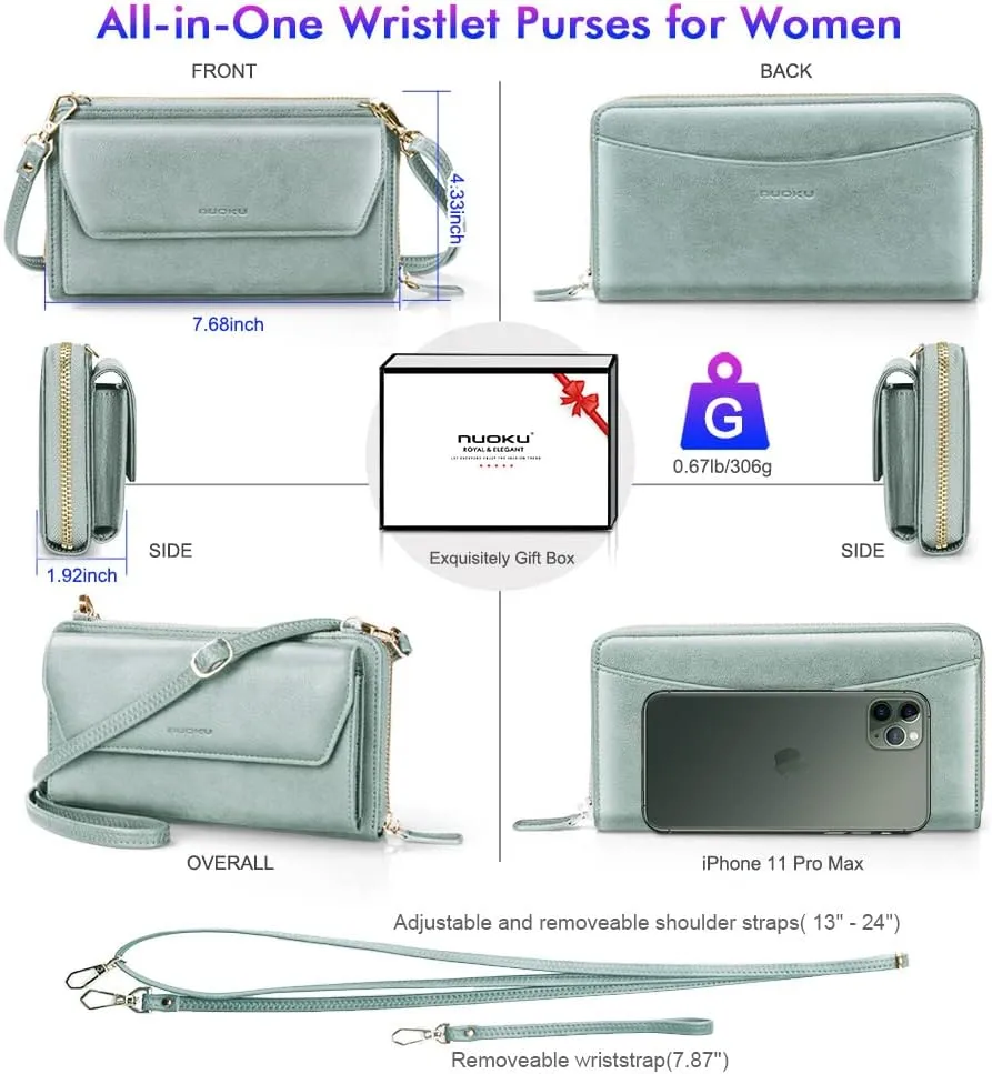 nuoku Womens RFID Wallet Purse Wristlet Crossbody Clutch with Zip Around 2 Strap