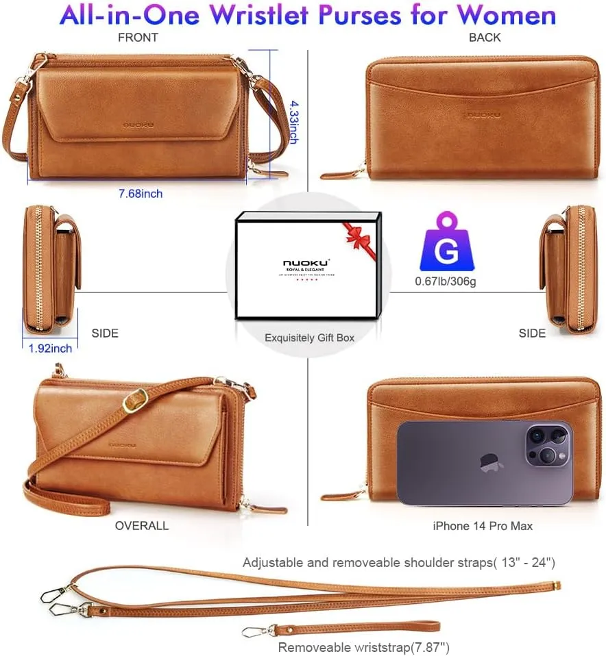 nuoku Womens RFID Wallet Purse Wristlet Crossbody Clutch with Zip Around 2 Strap