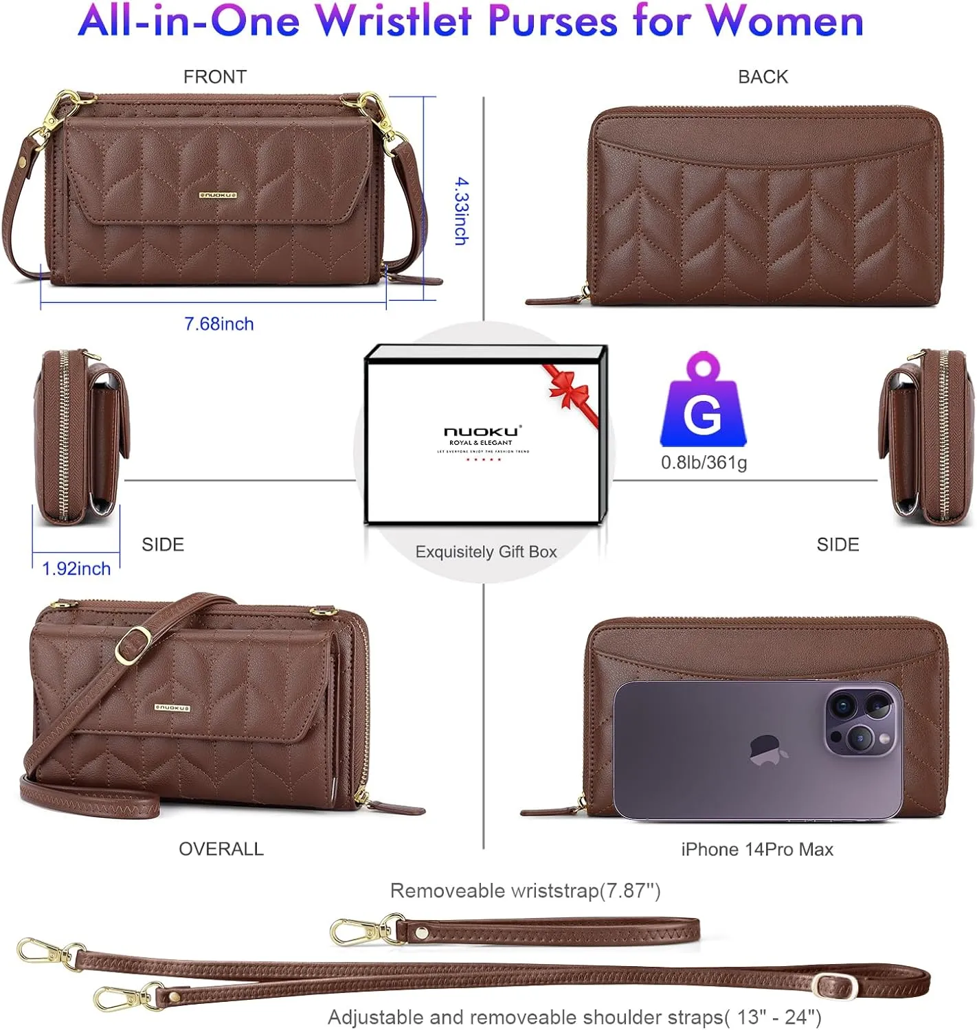 nuoku Womens RFID Wallet Purse Wristlet Crossbody Clutch with Zip Around 2 Strap