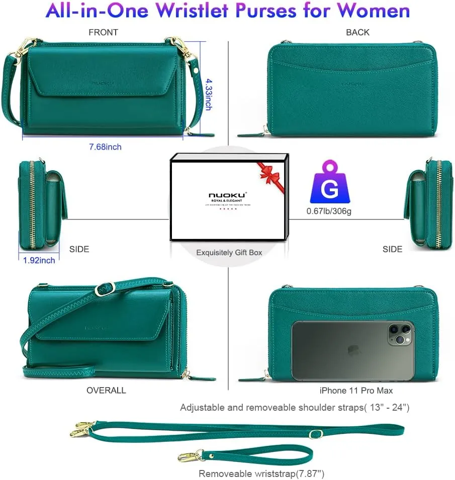 nuoku Womens RFID Wallet Purse Wristlet Crossbody Clutch with Zip Around 2 Strap